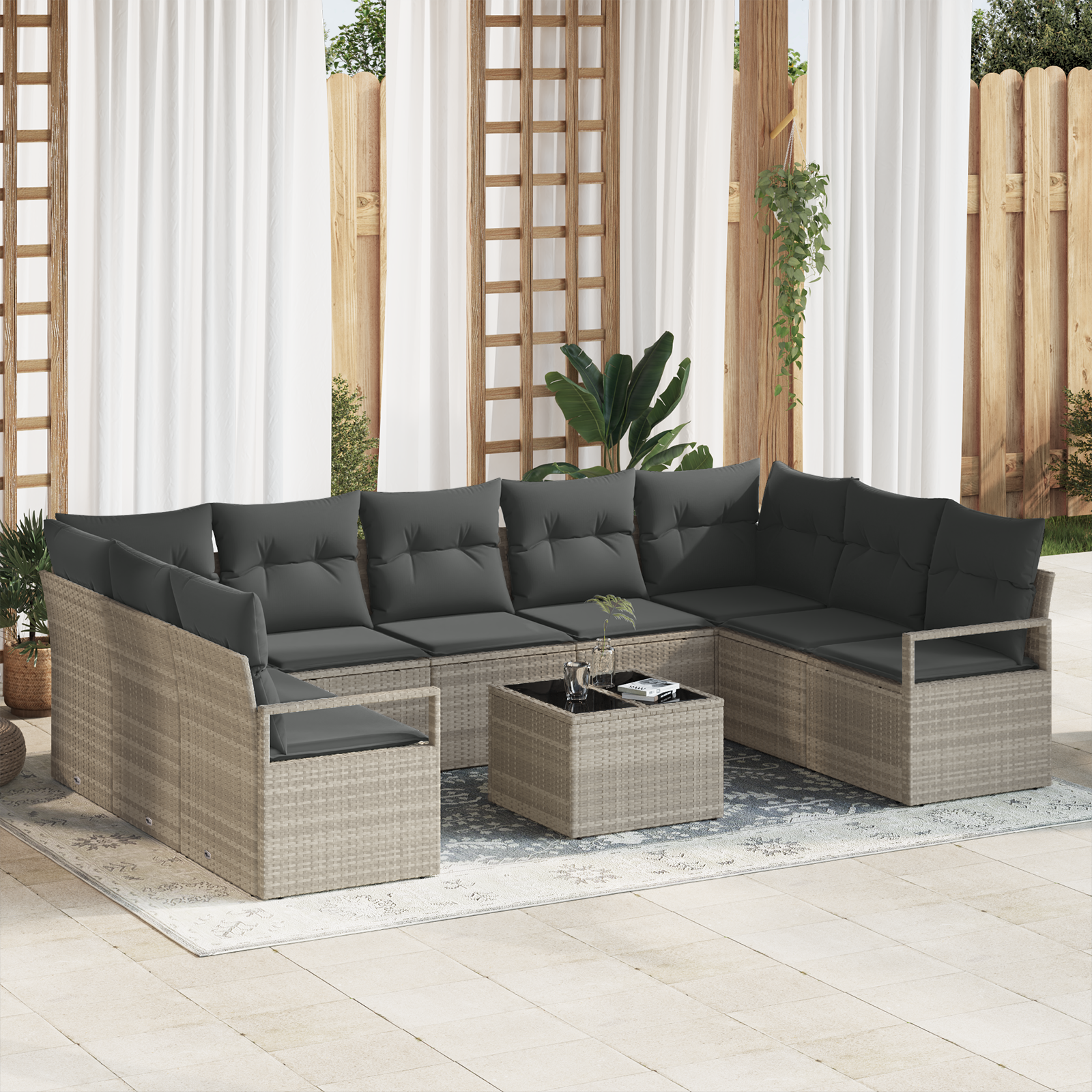 10 dalių sodo sofa rinkinys su pagalvėlėmis, pilka poli ratanas