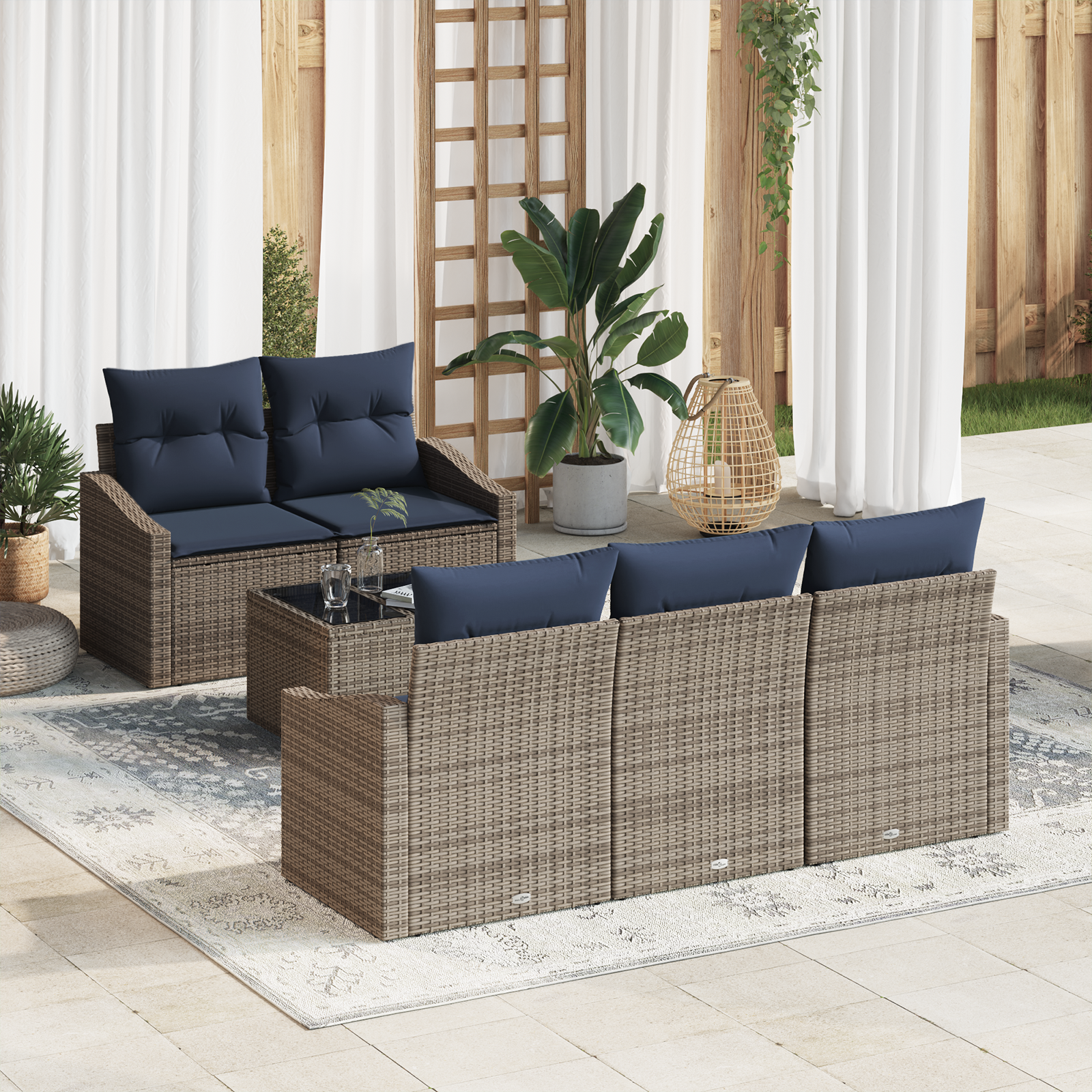 Bankstel met kussen 6 pcs Grijs en Marineblauw poly rattan - Afbeelding 2