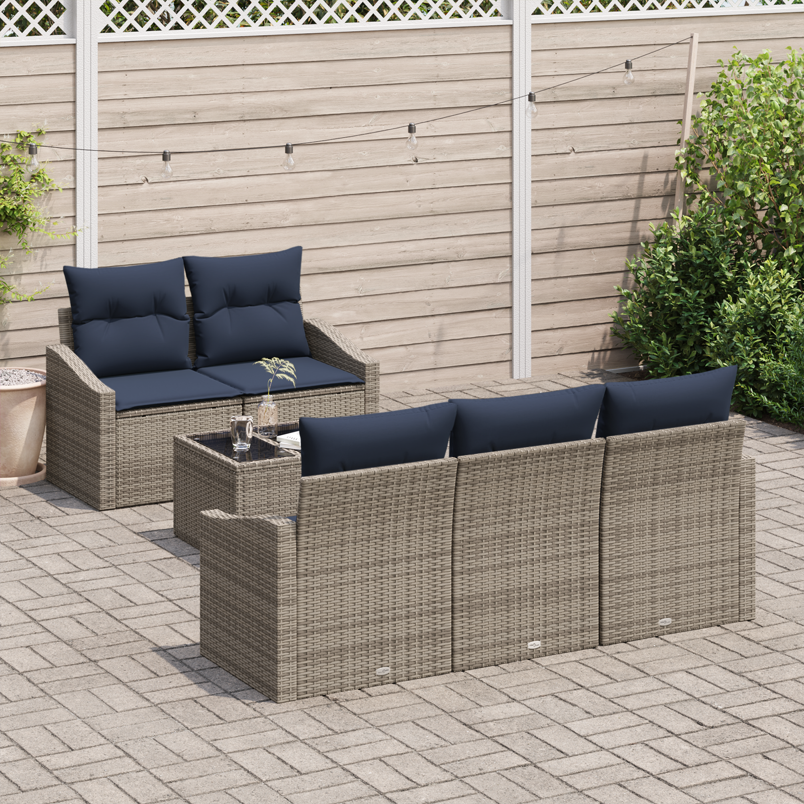 Bankstel met kussen 6 pcs Grijs en Marineblauw poly rattan - Afbeelding 3