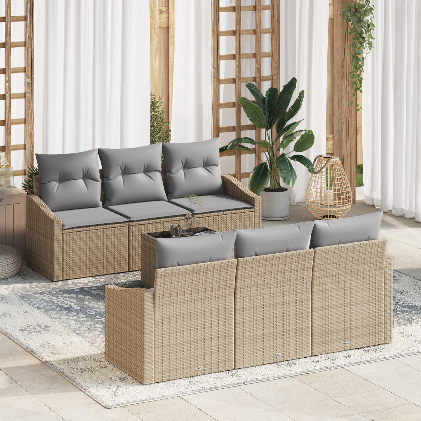 Conjunto de Sofás de Jardim de 7 Peças com Almofadas Bege Rattan Poliéster Conjunto de Sofás de Jardim de 7 Peças com Almofadas Bege Rattan Poliéster