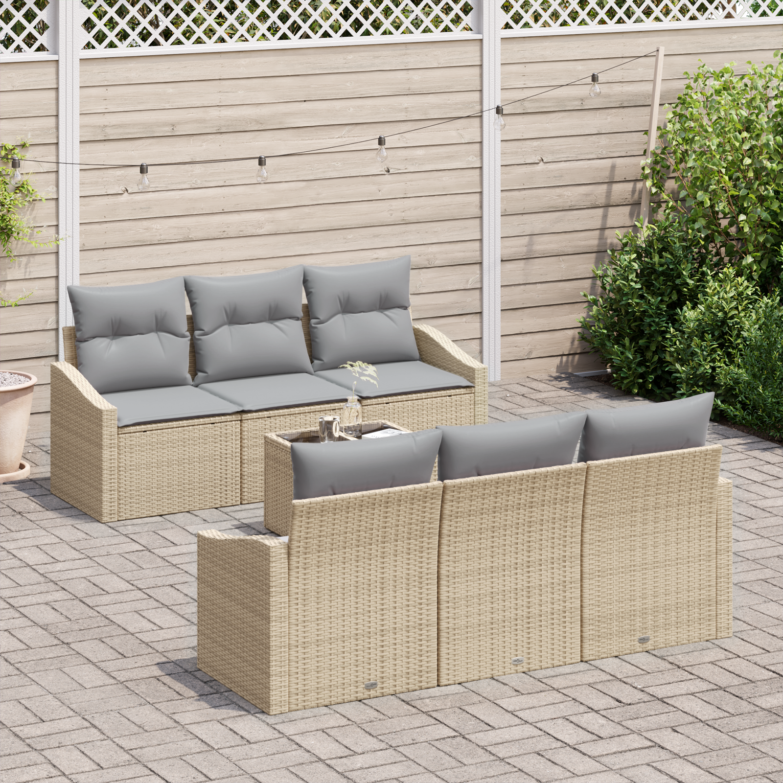 Conjunto de Sofás de Jardim de 7 Peças com Almofadas Bege Rattan Poliéster