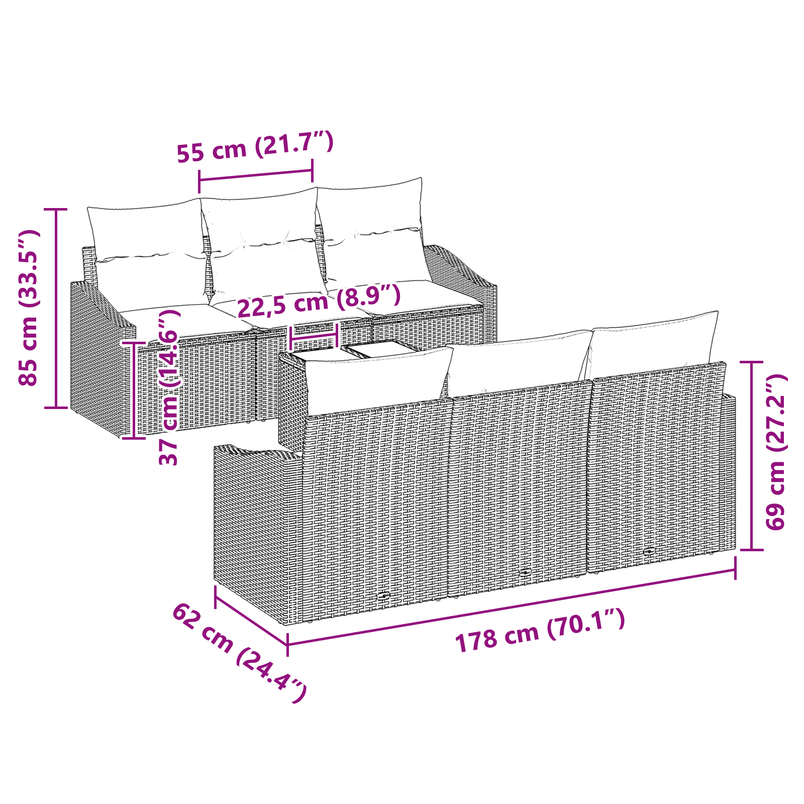 Conjunto de Sofás de Jardim de 7 Peças com Almofadas Bege Rattan Poliéster