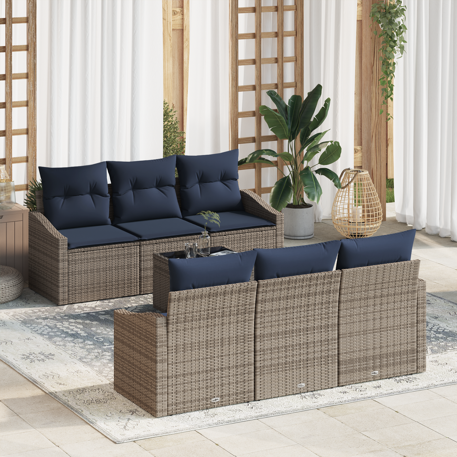 Bankstel met kussen 7 pcs Grijs en Marineblauw poly rattan - Afbeelding 2