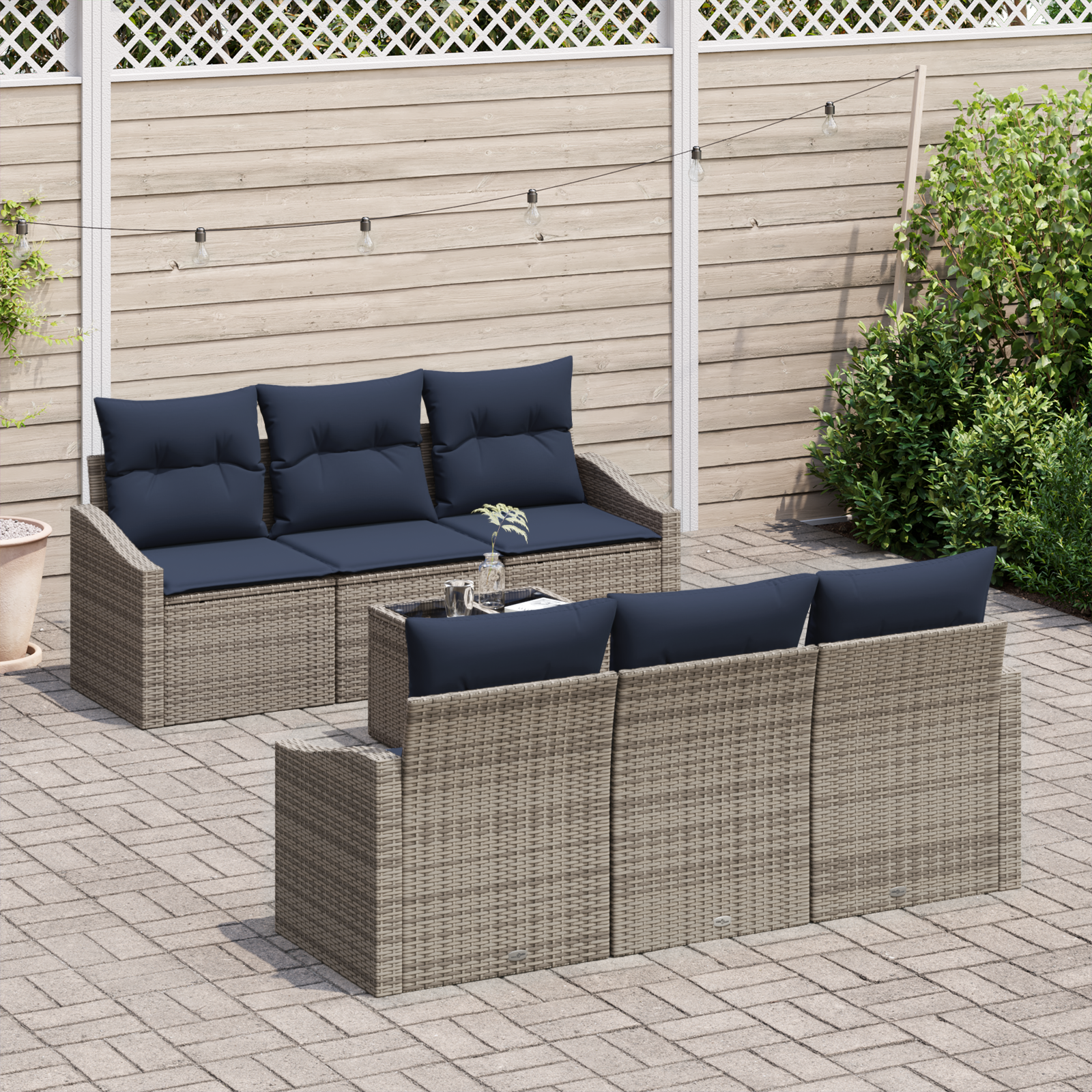 Bankstel met kussen 7 pcs Grijs en Marineblauw poly rattan - Afbeelding 3