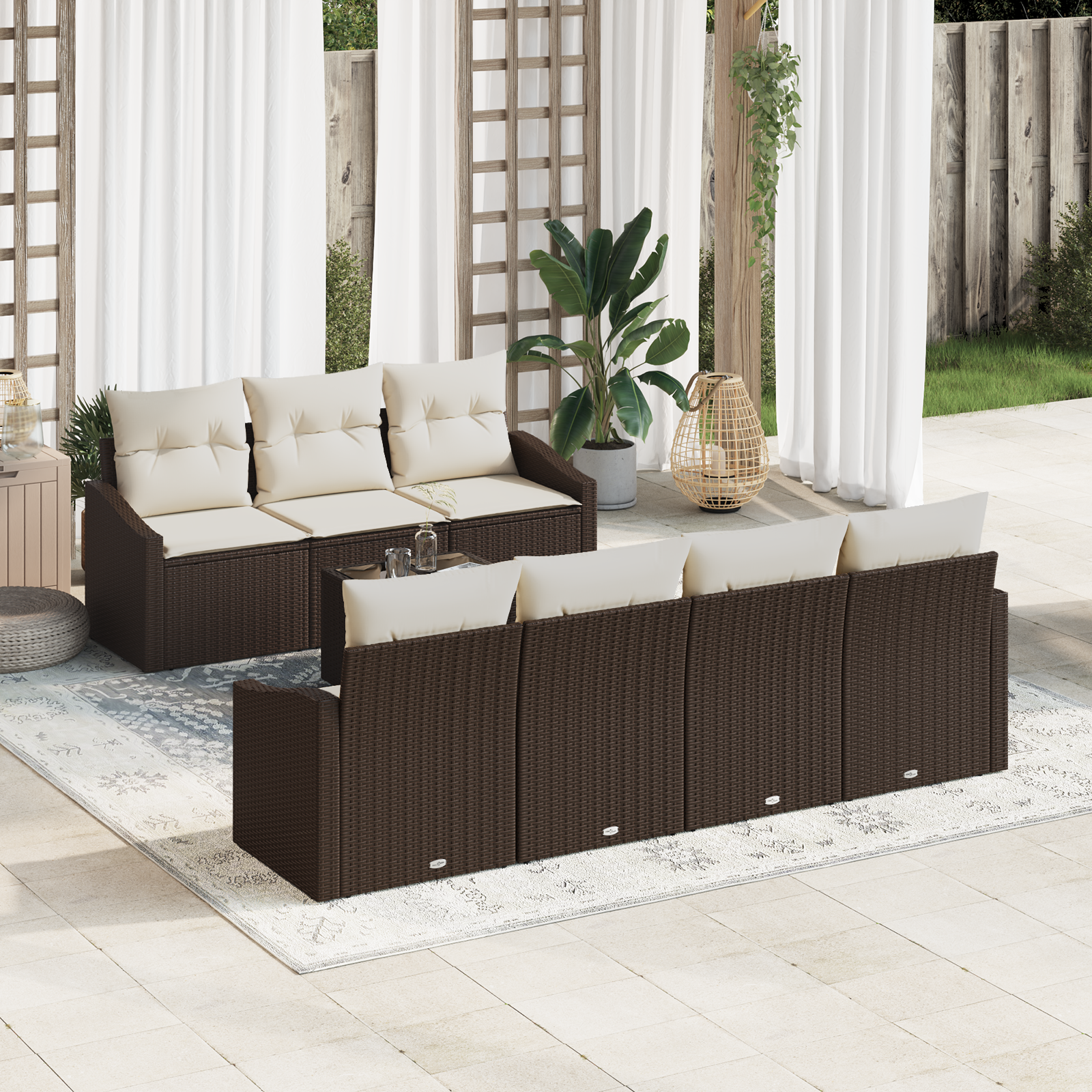 Conjunto de Jantar de Jardim de 8 Peças com Almofadas em Rattan Poliéster Castanho Conjunto de Jantar de Jardim de 8 Peças com Almofadas em Rattan Poliéster Castanho