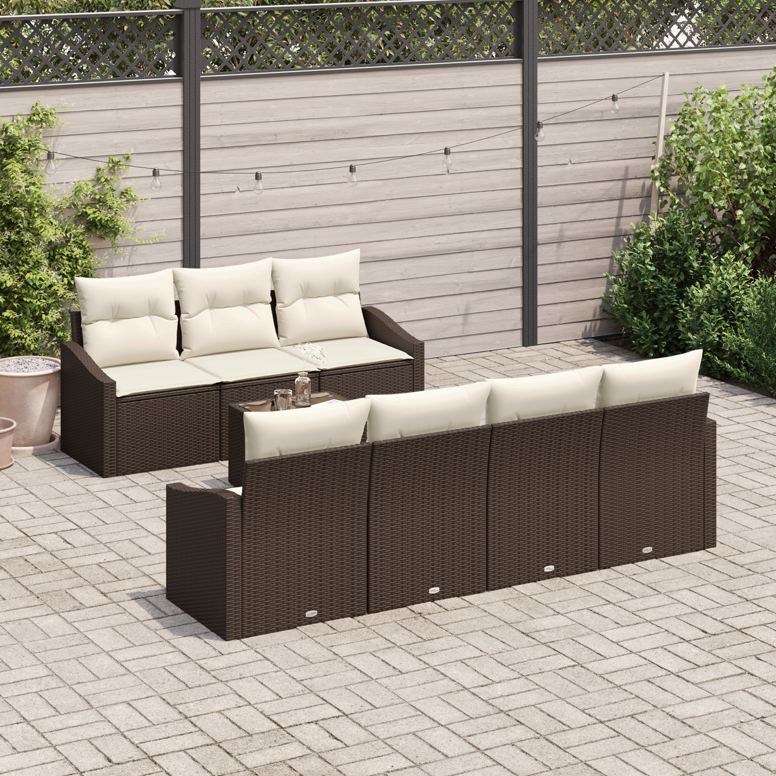 Conjunto de Jantar de Jardim de 8 Peças com Almofadas em Rattan Poliéster Castanho