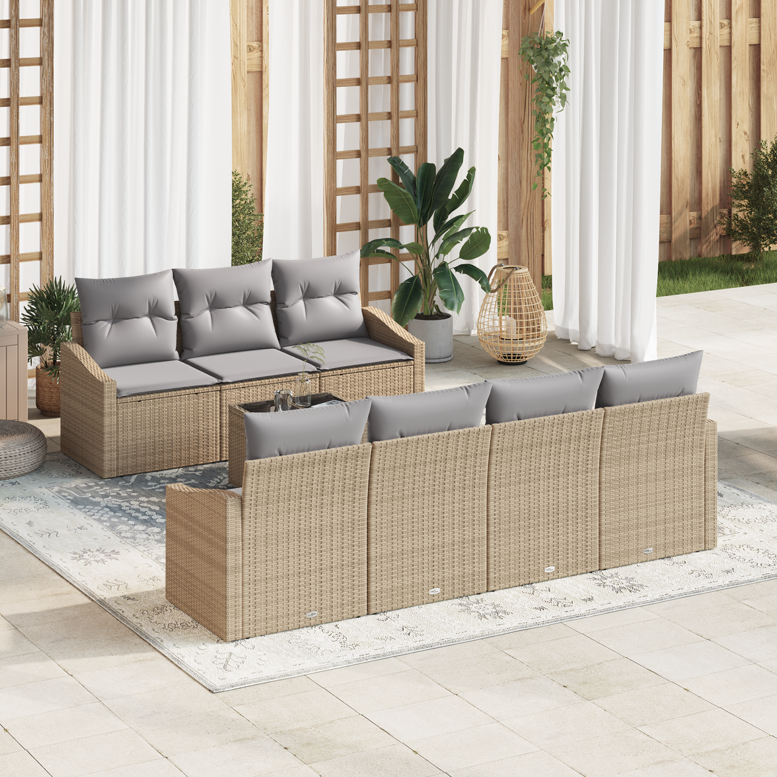 Conjunto de Jantar de Jardim de 8 Peças com Almofadas Bege em Rattan Sintético Conjunto de Jantar de Jardim de 8 Peças com Almofadas Bege em Rattan Sintético