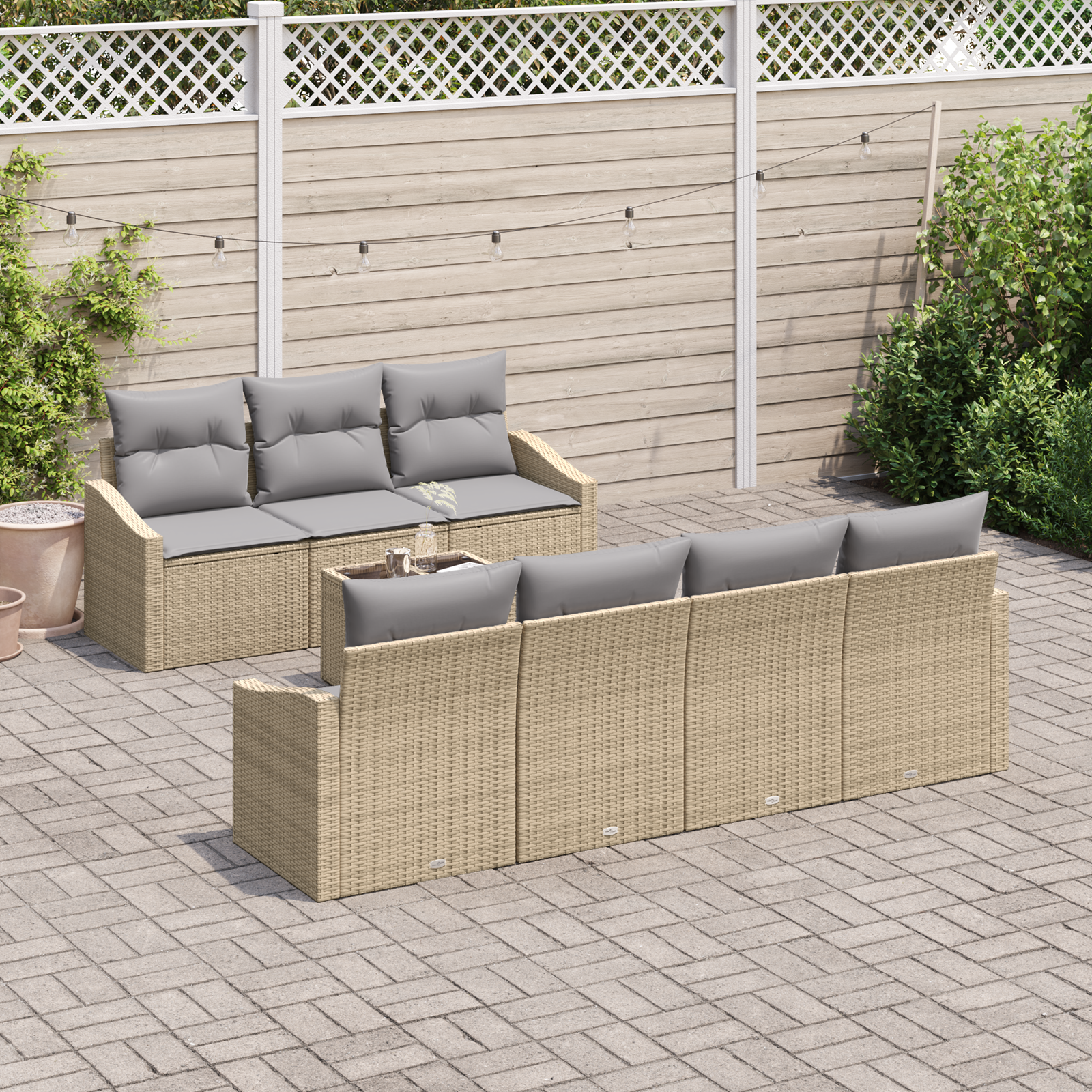 Conjunto de Jantar de Jardim de 8 Peças com Almofadas Bege em Rattan Sintético