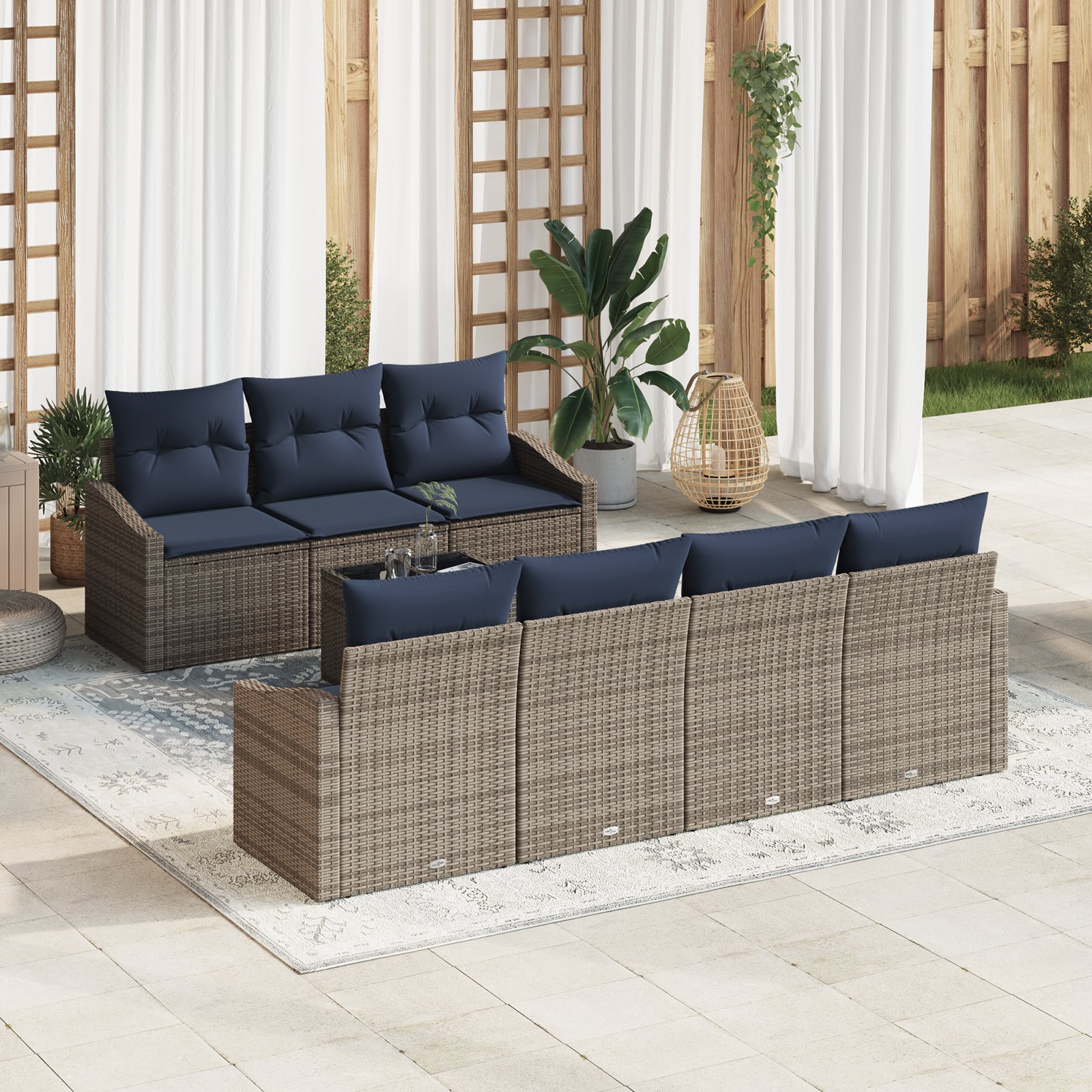 Bankstel met kussen 8 pcs Grijs en Marineblauw poly rattan - Afbeelding 2