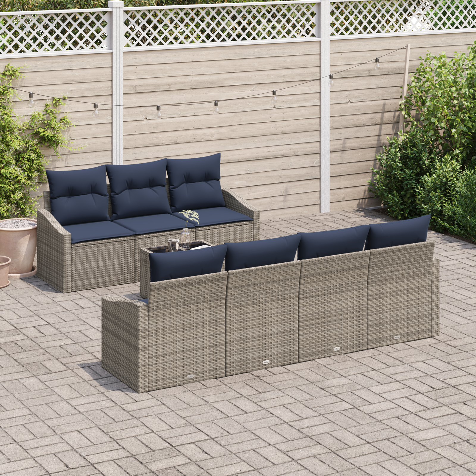 Bankstel met kussen 8 pcs Grijs en Marineblauw poly rattan - Afbeelding 3