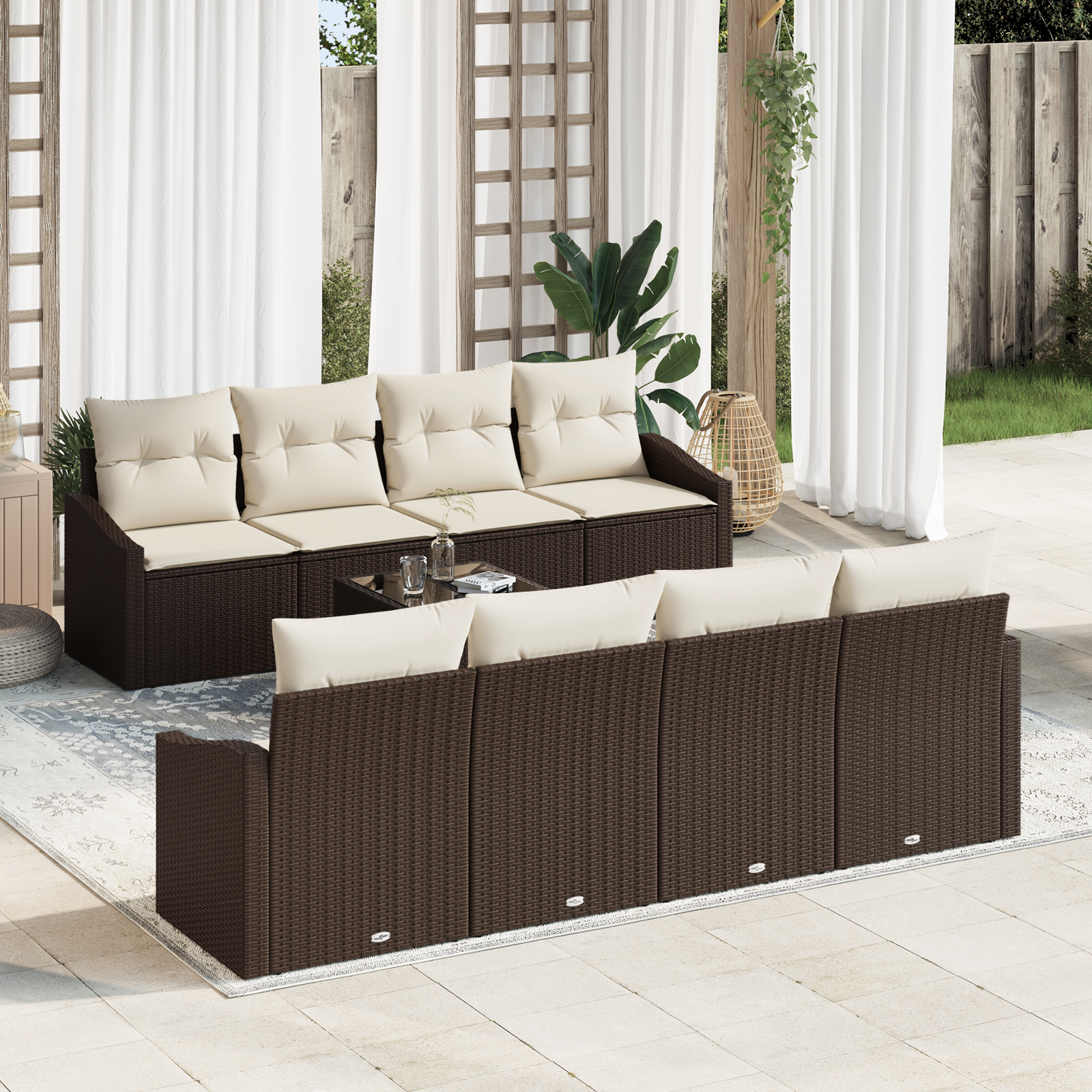 Conjunto de Sofá de Jardim de 7 Peças com Almofadas Marrom Rattan Poliéster Conjunto de Sofá de Jardim de 7 Peças com Almofadas Marrom Rattan Poliéster