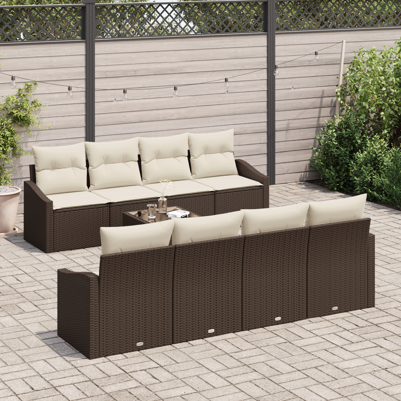Conjunto de Sofá de Jardim de 7 Peças com Almofadas Marrom Rattan Poliéster
