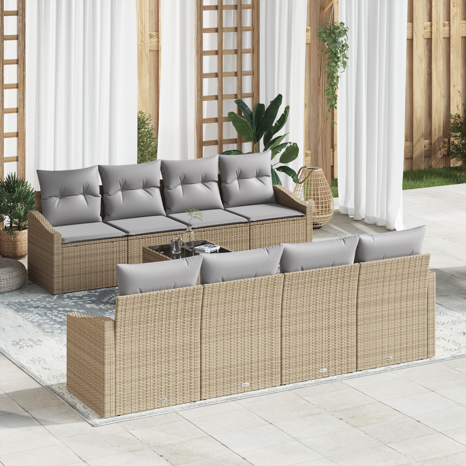 Conjunto de Sofás de Jardim 7 Peças com Almofadas Bege Rattan PE Conjunto de Sofás de Jardim 7 Peças com Almofadas Bege Rattan PE