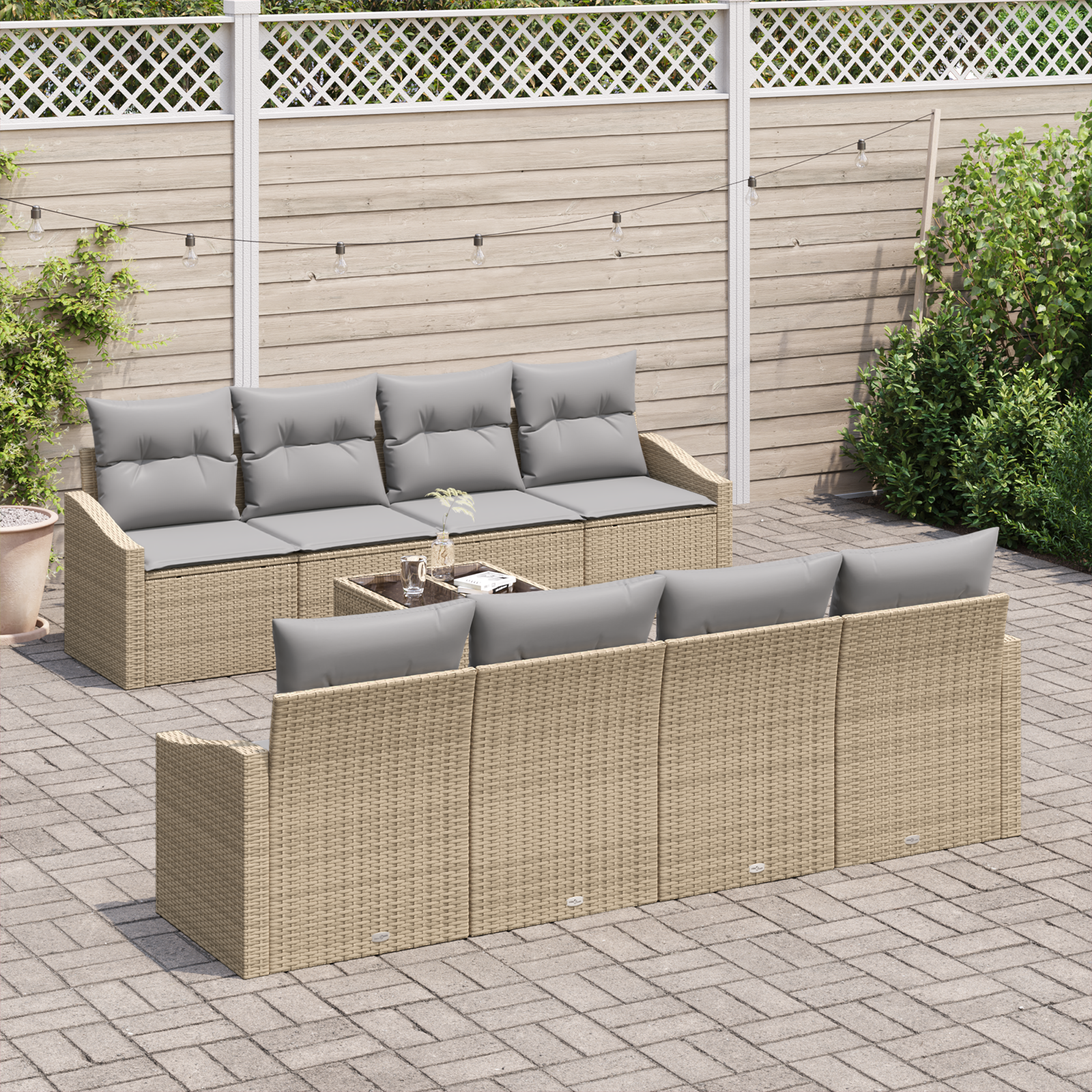 Conjunto de Sofás de Jardim 7 Peças com Almofadas Bege Rattan PE