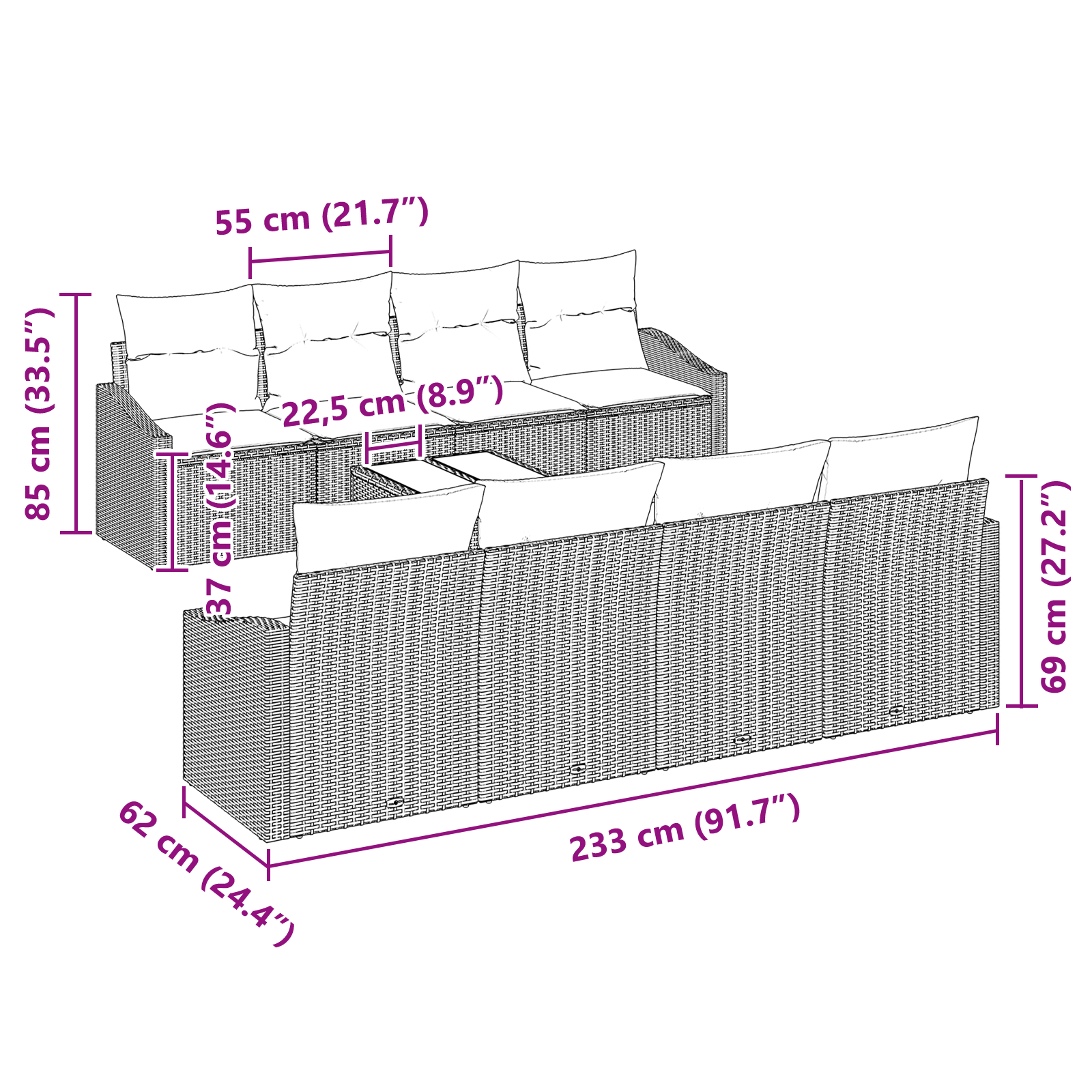 Conjunto de Sofás de Jardim 7 Peças com Almofadas Bege Rattan PE