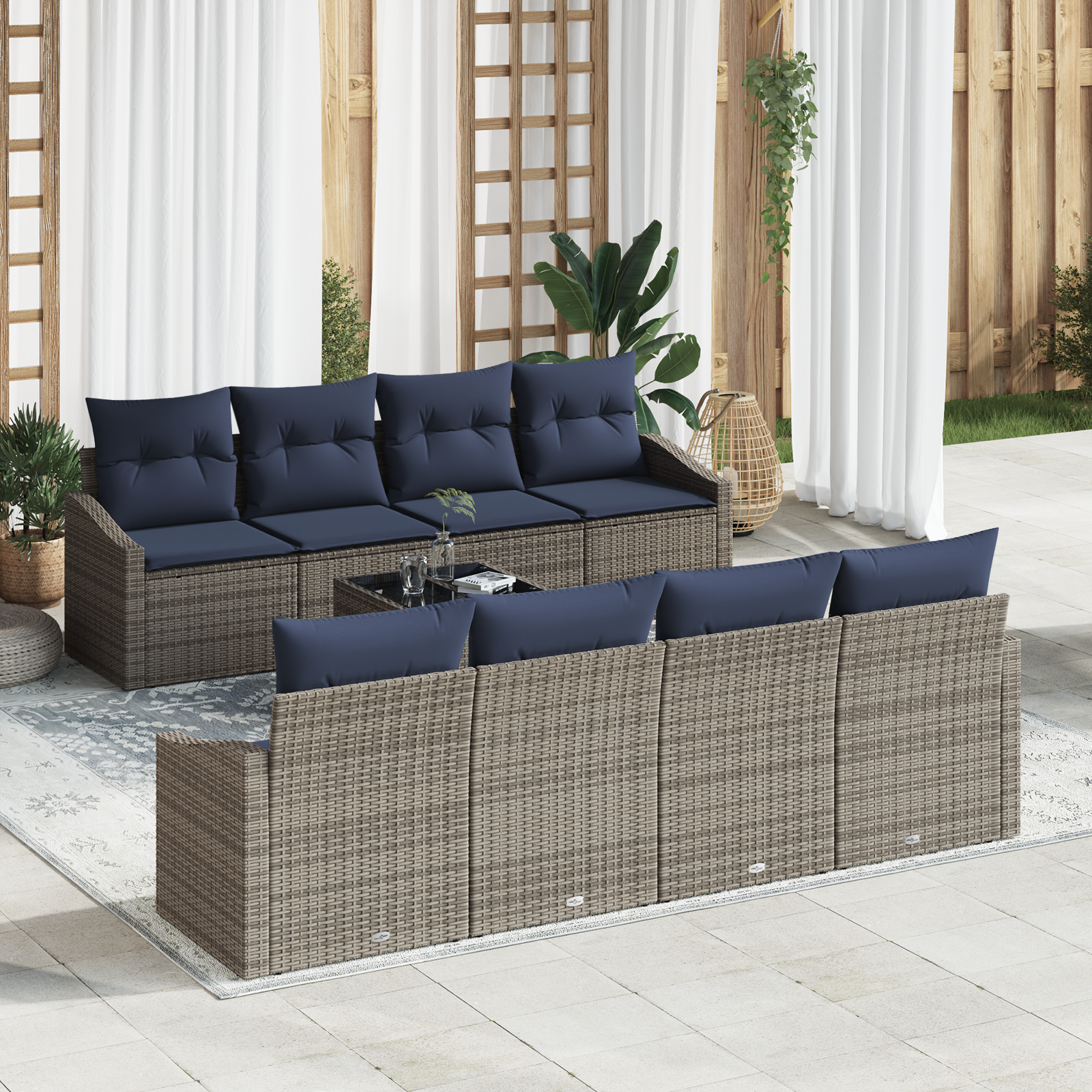 Bankstel met kussen 9 pcs Grijs en Marineblauw poly rattan - Afbeelding 2