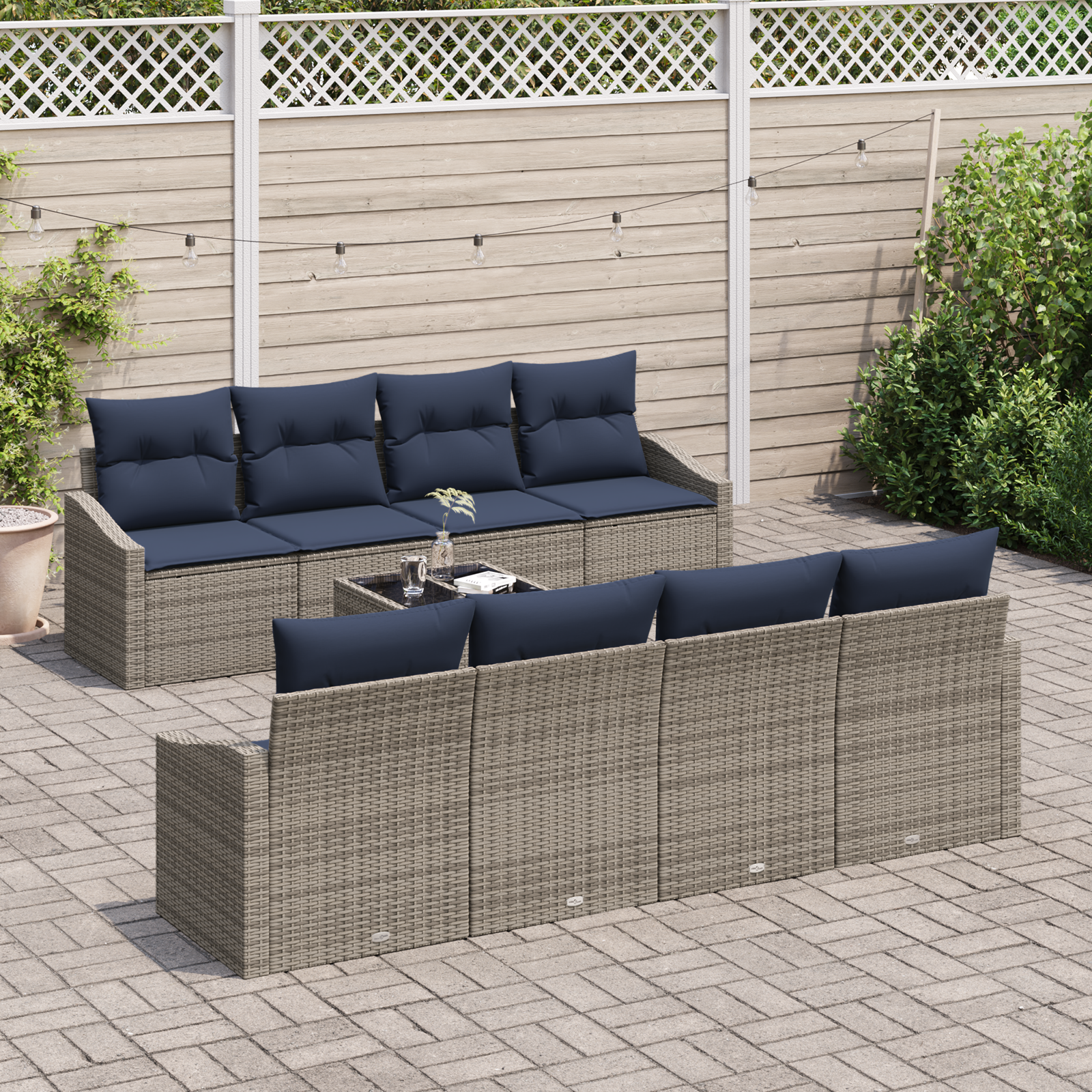 Bankstel met kussen 9 pcs Grijs en Marineblauw poly rattan - Afbeelding 3
