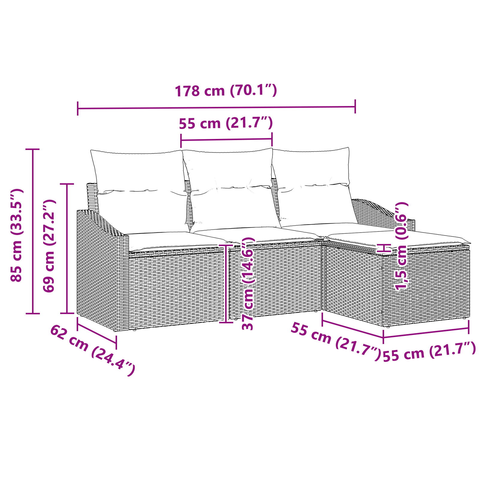 Conjunto de Sofá para Jardim de 4 Peças com Almofadas Rattan Bege Poliéster