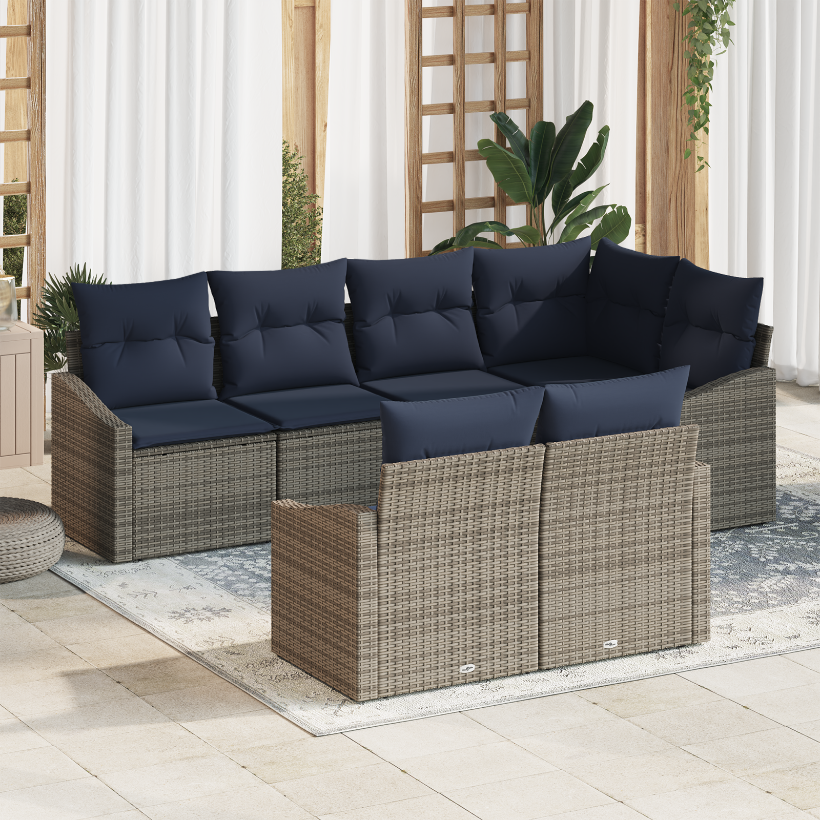 Tuinbankenset met kussen 7 pcs Grijs en Marineblauw poly rattan - Afbeelding 2