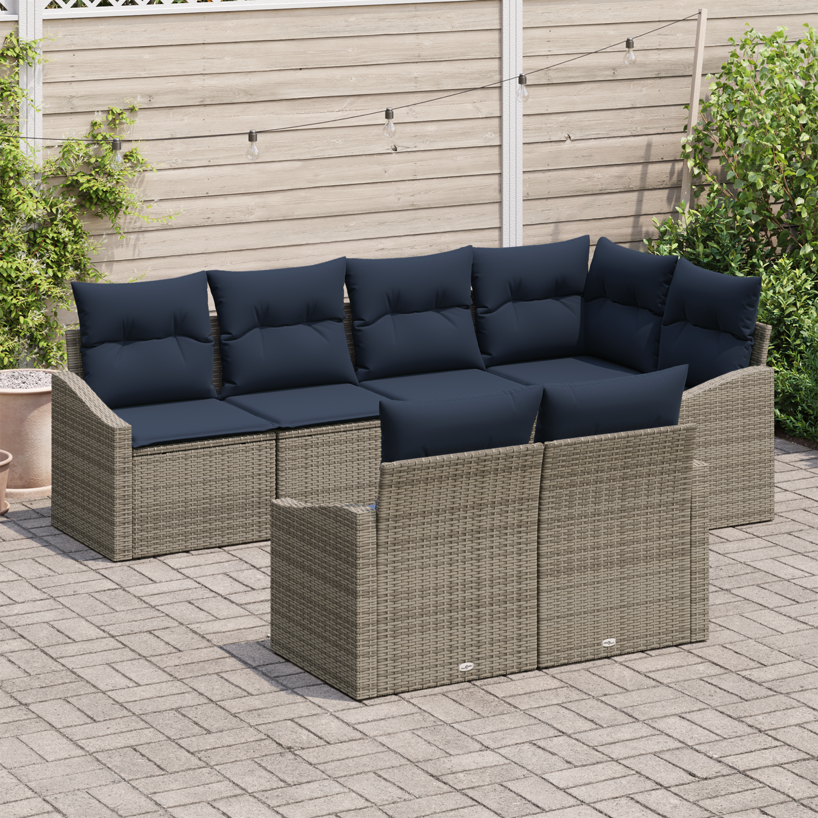 Tuinbankenset met kussen 7 pcs Grijs en Marineblauw poly rattan - Afbeelding 3