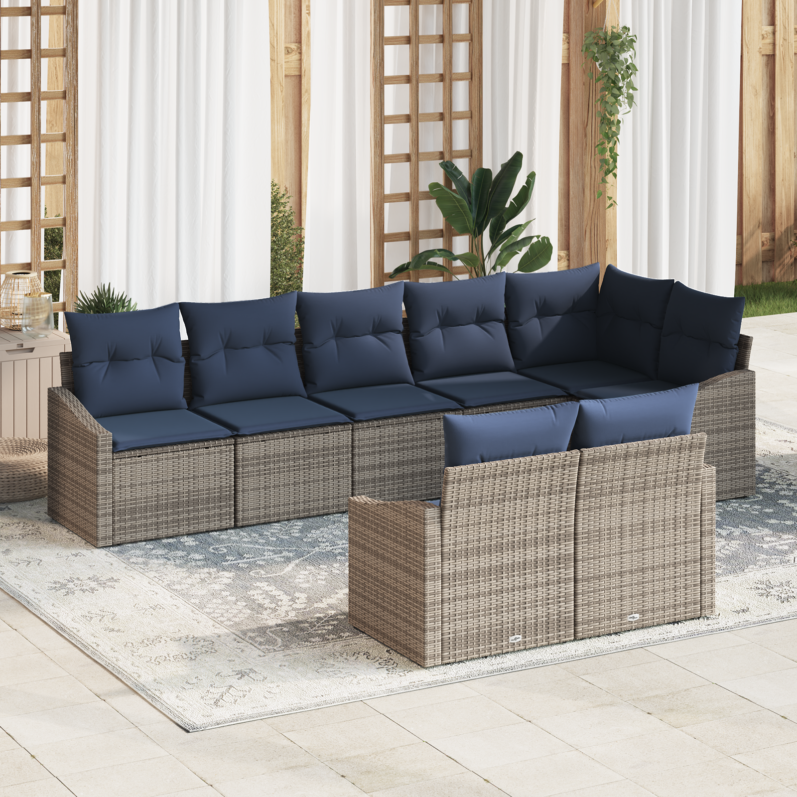 Tuinbankenset met kussen 8 pcs Grijs en Marineblauw poly rattan - Afbeelding 2