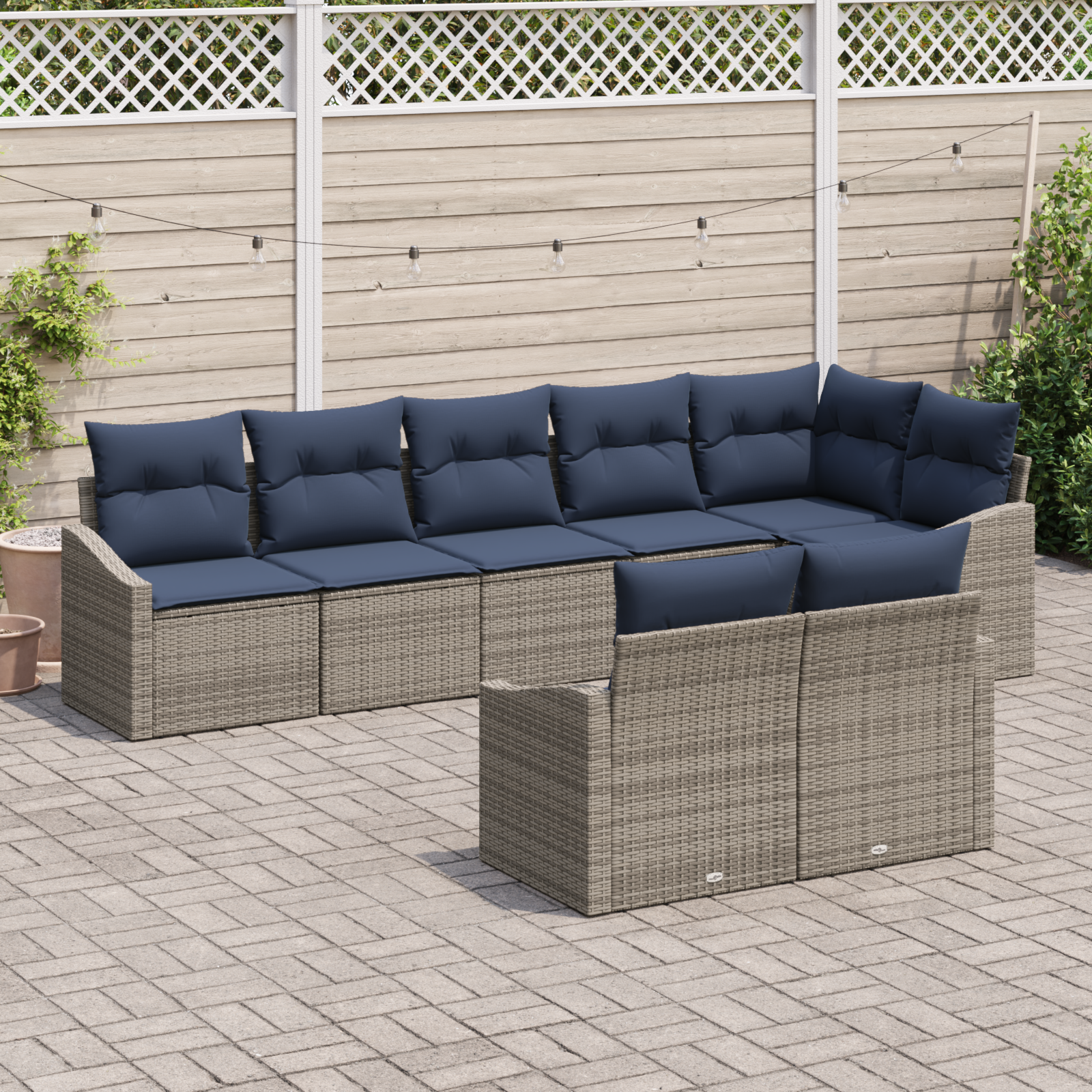 Tuinbankenset met kussen 8 pcs Grijs en Marineblauw poly rattan - Afbeelding 3