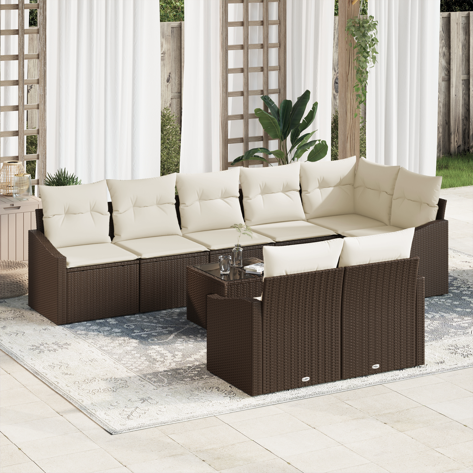 Conjunto de Jantar para Jardim com 8 Peças e Almofadas Cinza em Rattan Sintético Conjunto de Jantar para Jardim com 8 Peças e Almofadas Cinza em Rattan Sintético