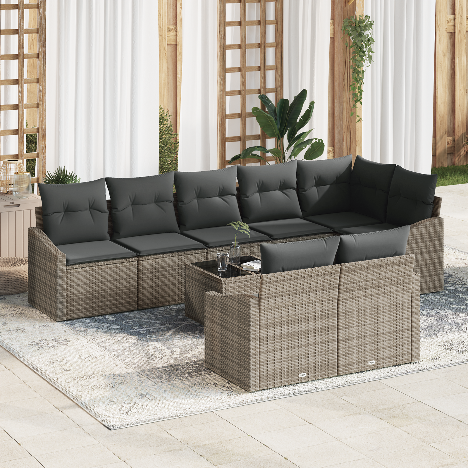 Set da Giardino 8 Pezzi con Cuscini Rattan Nero
