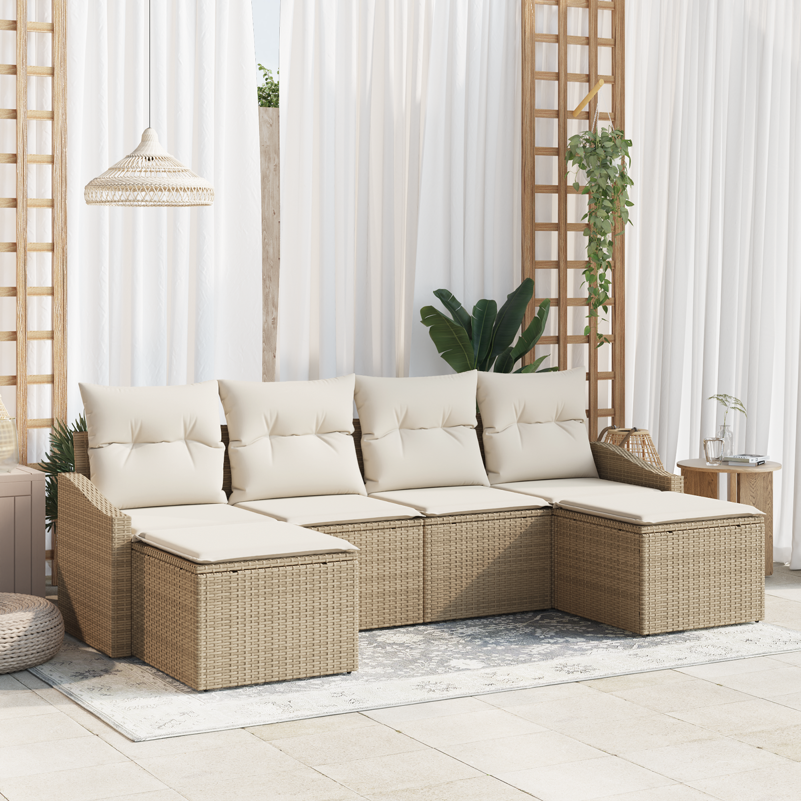 6-teilige Garten-Essgruppe mit Kissen Beige Poly Rattan - Your Garden Eden