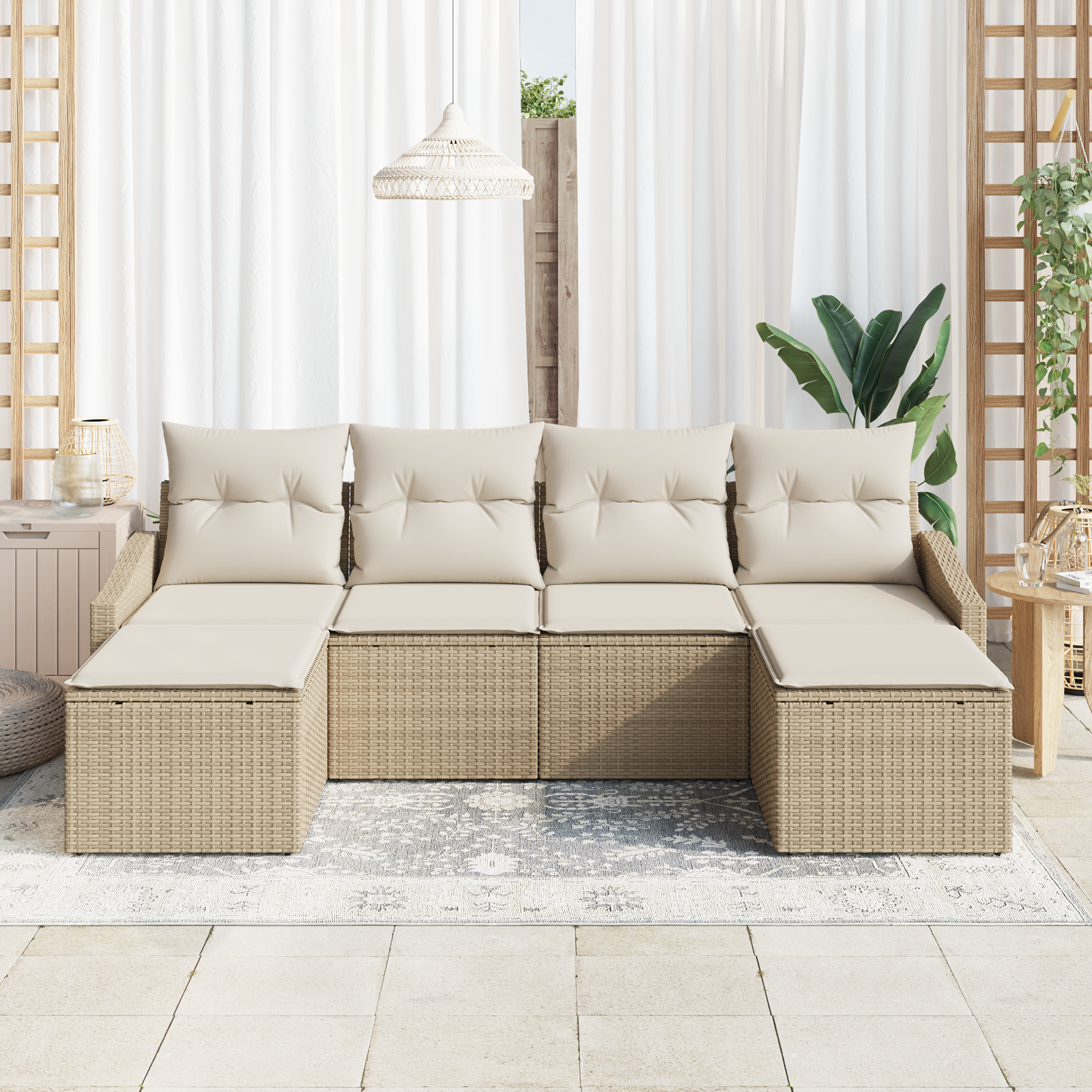 6-teilige Garten-Essgruppe mit Kissen Beige Poly Rattan - Gartenmöbel - Your Garden Eden