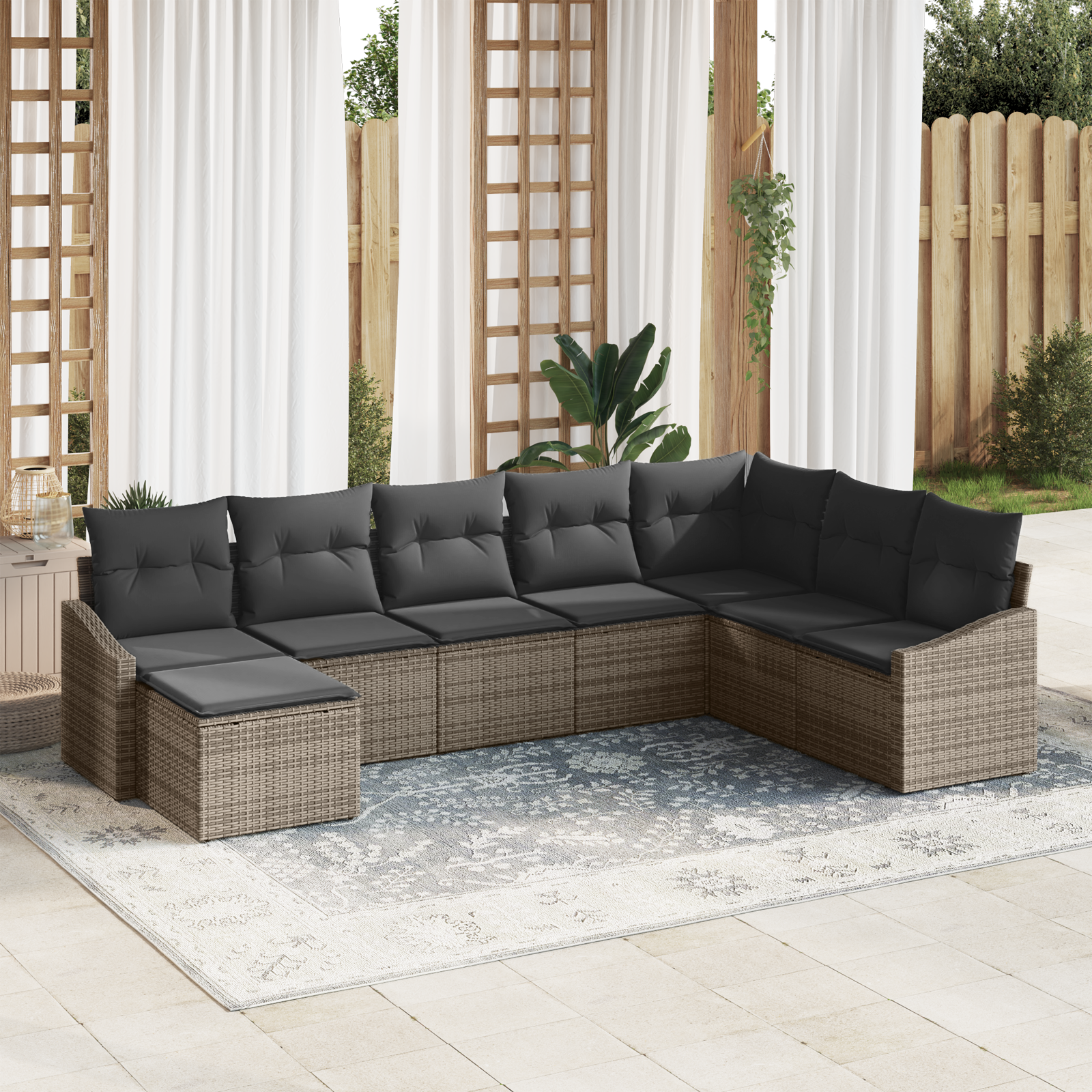 Set da Giardino da 8 Pezzi con Cuscini Grigio in Polyrattan