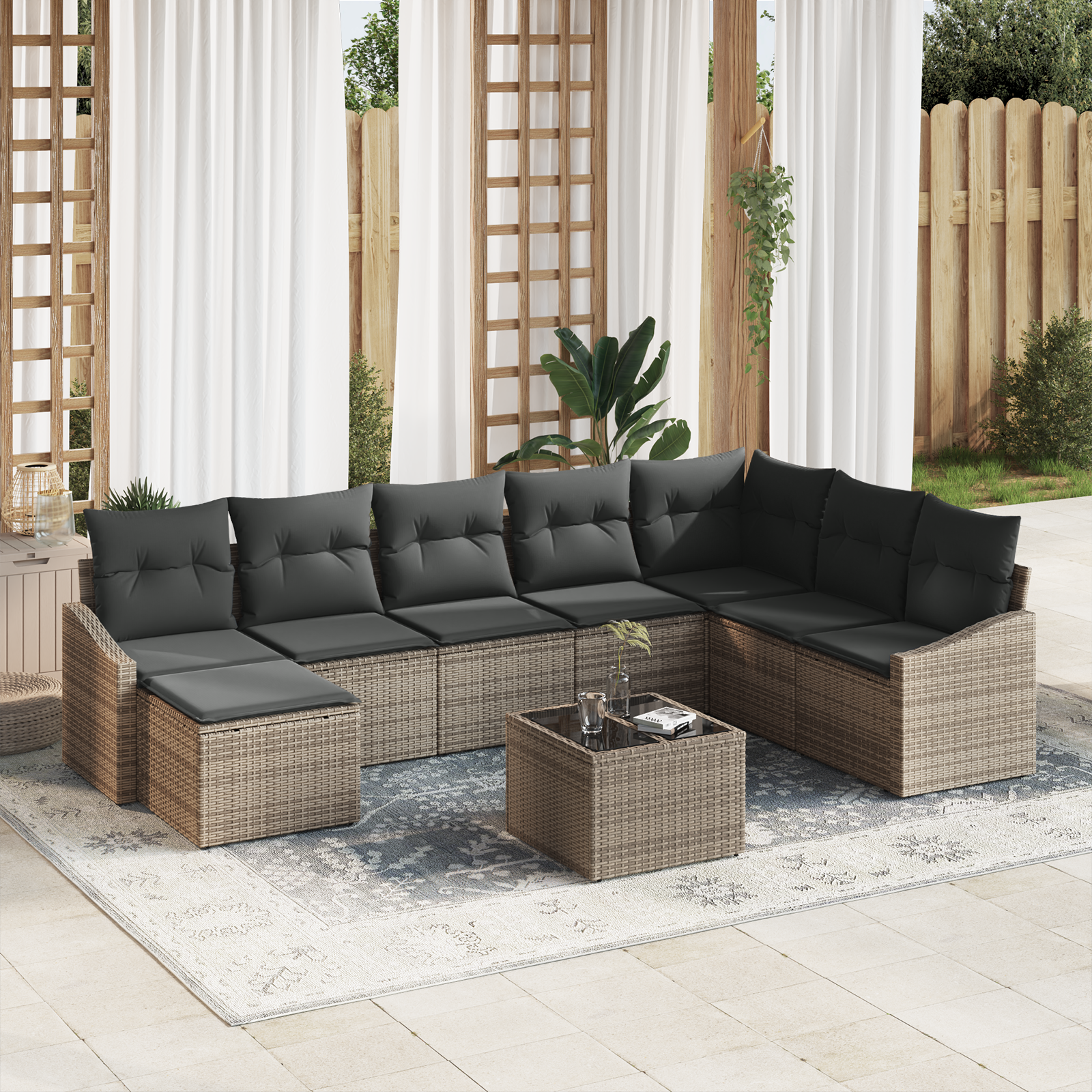 Set da Pranzo per Giardino da 8 Pezzi con Cuscini in Rattan Polyrattan Nero