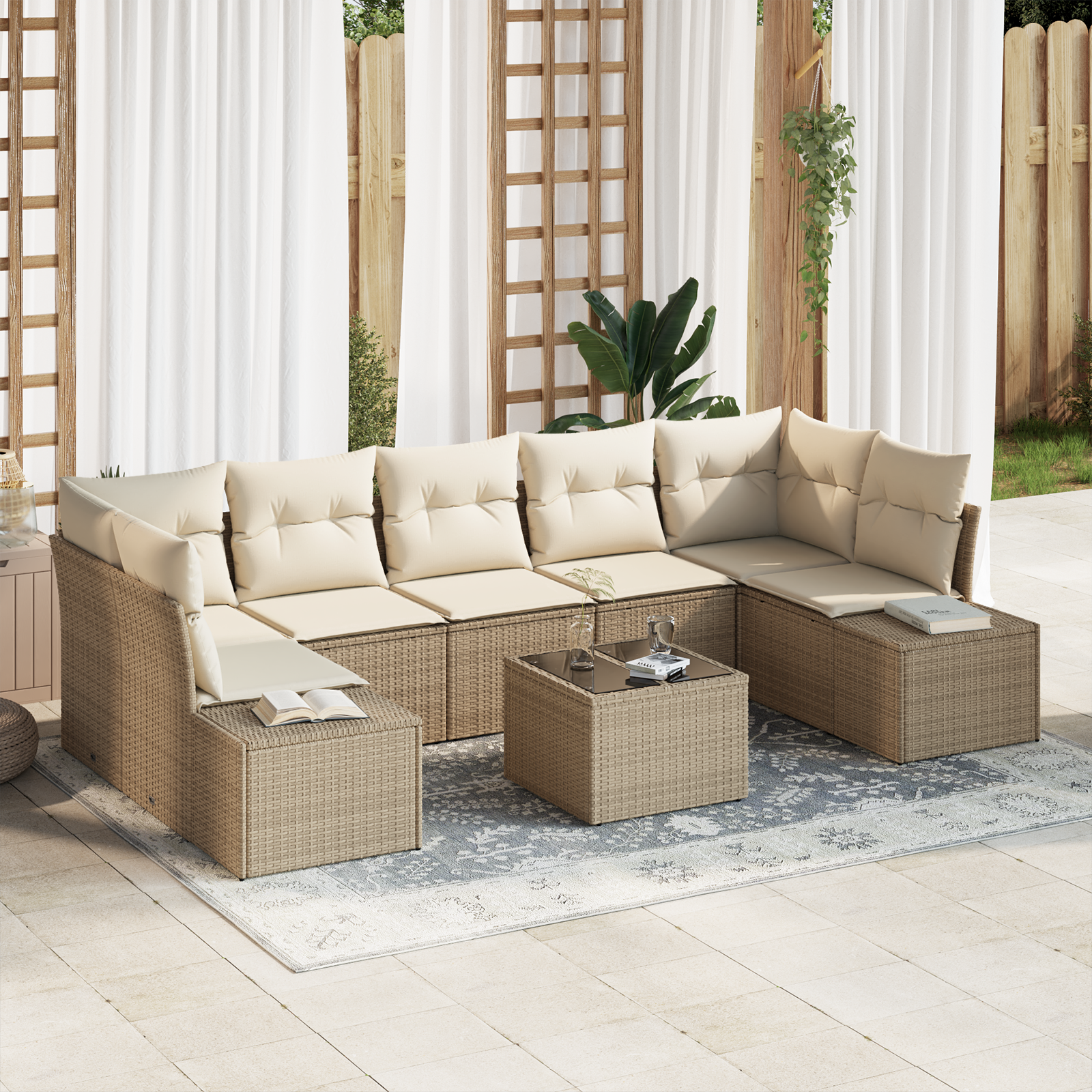 8 dalių sodo sofa komplektas su pagalvėlėmis Smėlio poli ratan