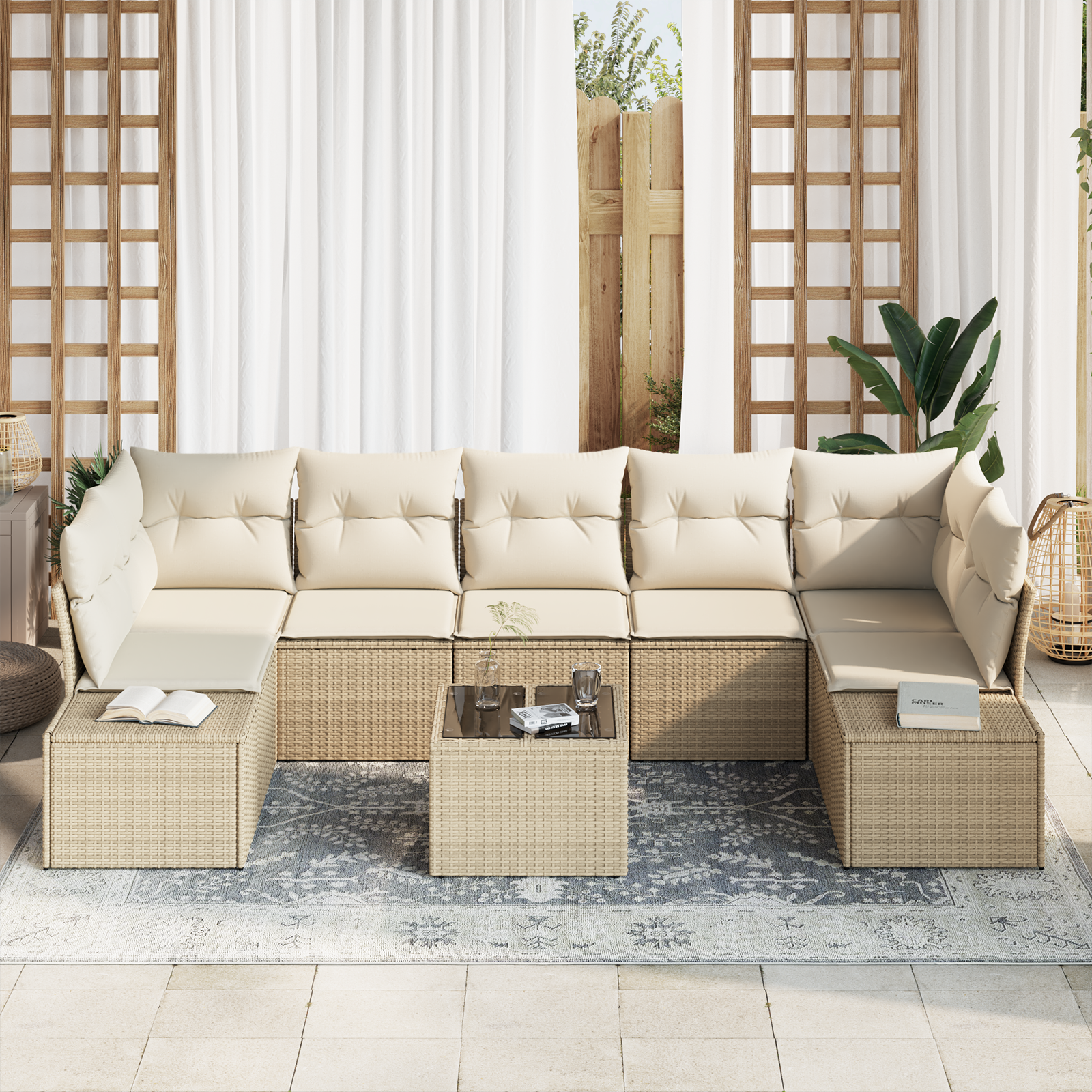 8 dalių sodo sofa komplektas su pagalvėlėmis Smėlio poli ratan - Image 3