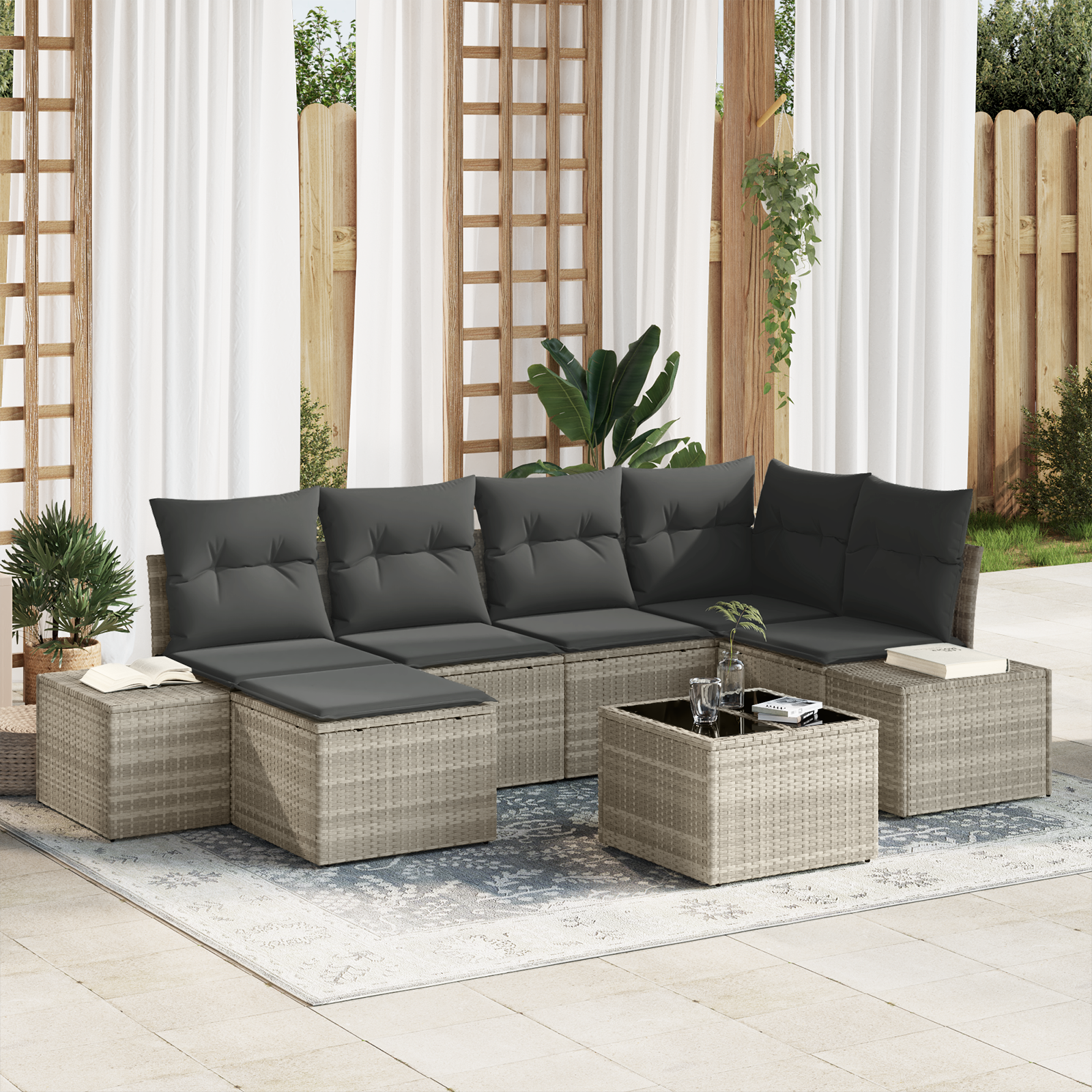 Thumbnail - vidaXL 7-teiliges Garten Sofa Set mit Kissen Graues Poly Rattan
