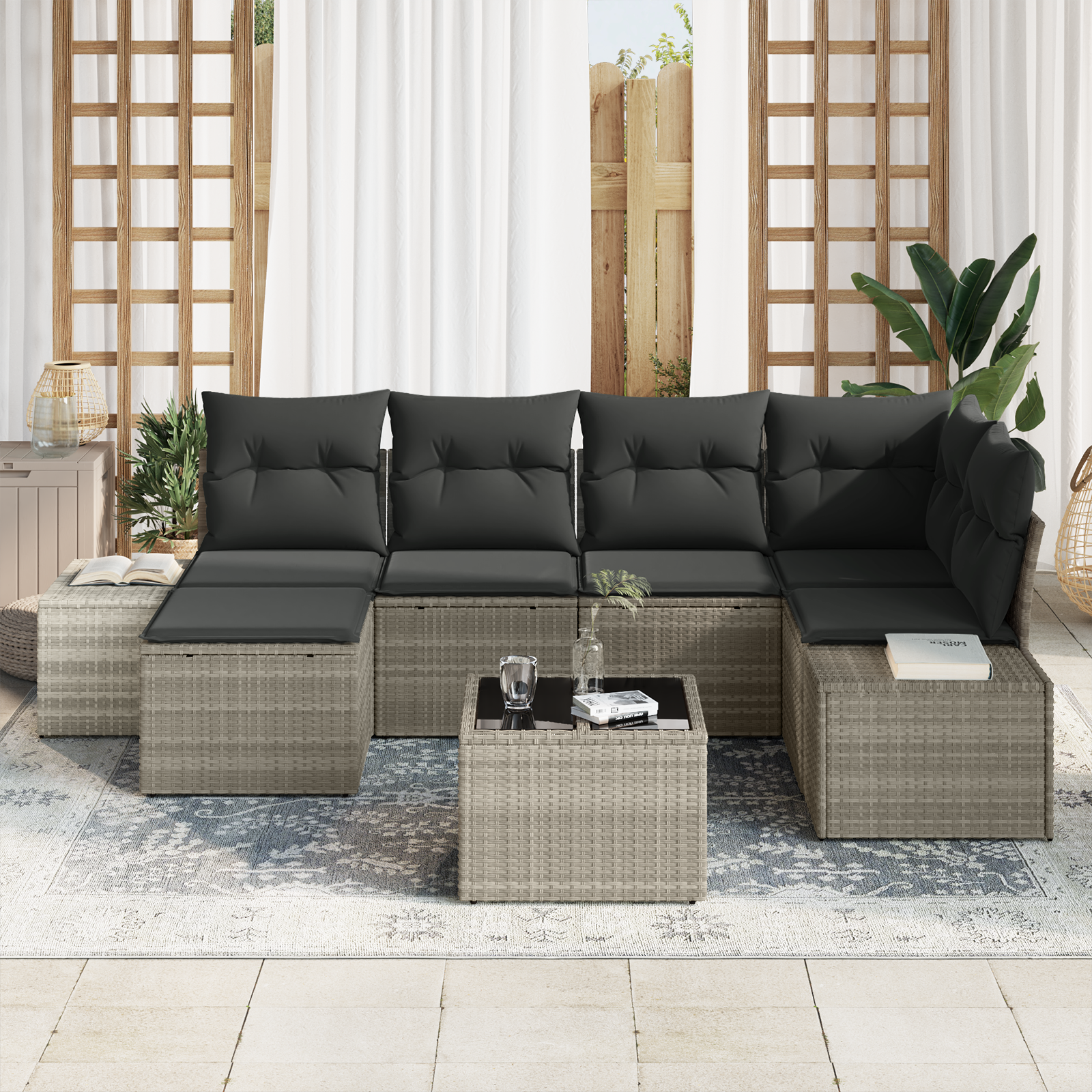Thumbnail - vidaXL 7-teiliges Garten Sofa Set mit Kissen Graues Poly Rattan