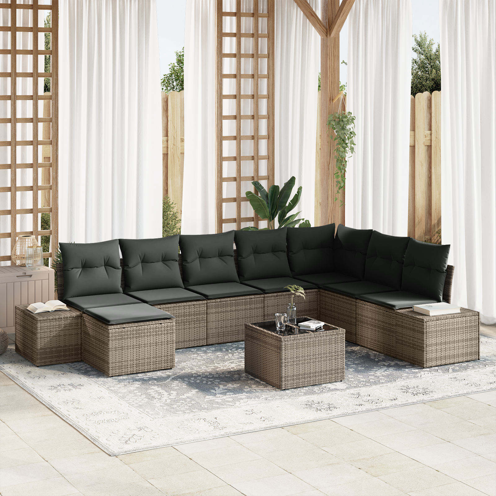 Set Divano Giardino 8 Pezzi con Cuscini Polyrattan Nero