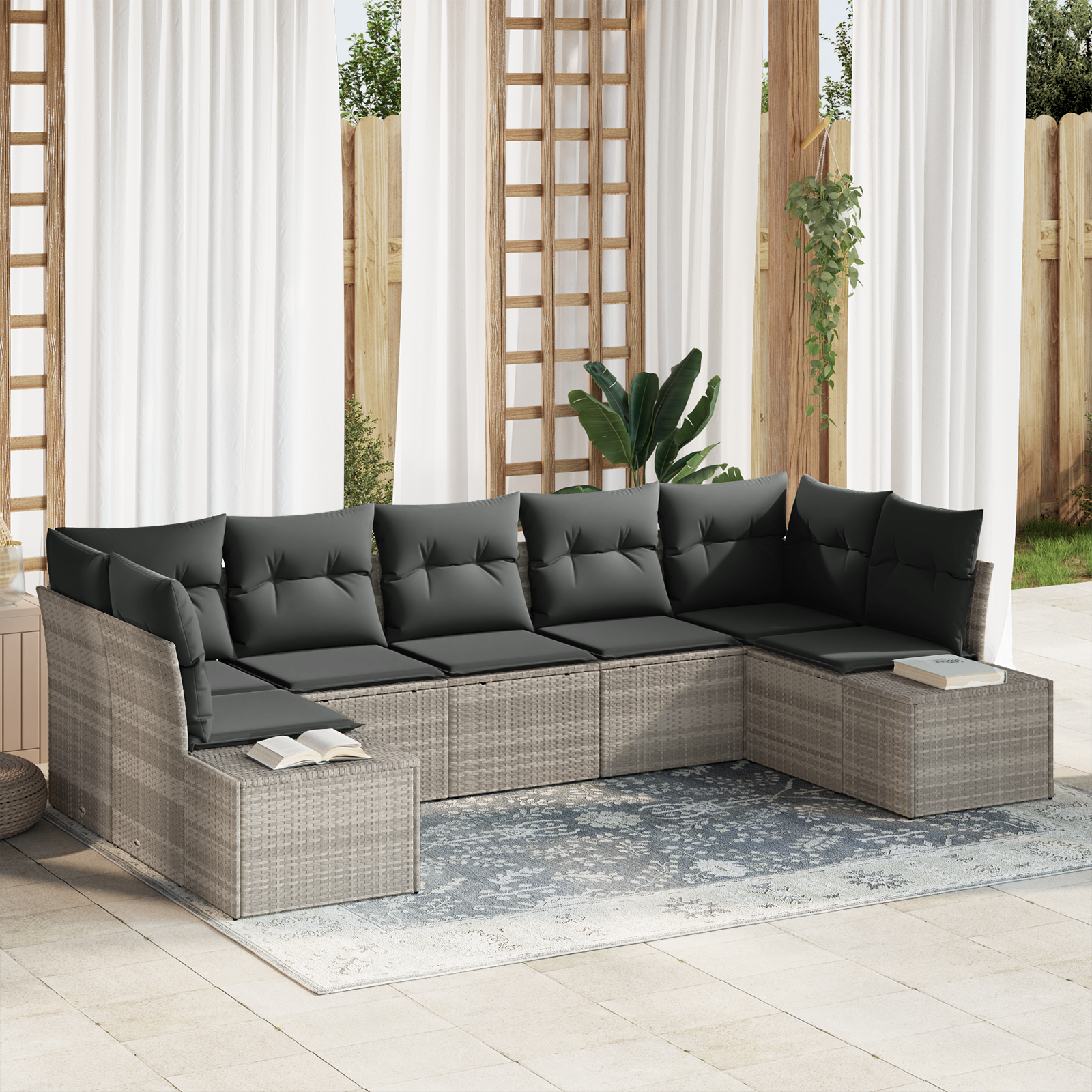 7-teiliges Garten-Sofa-Set mit Kissen in hellgrau Poly-Rattan