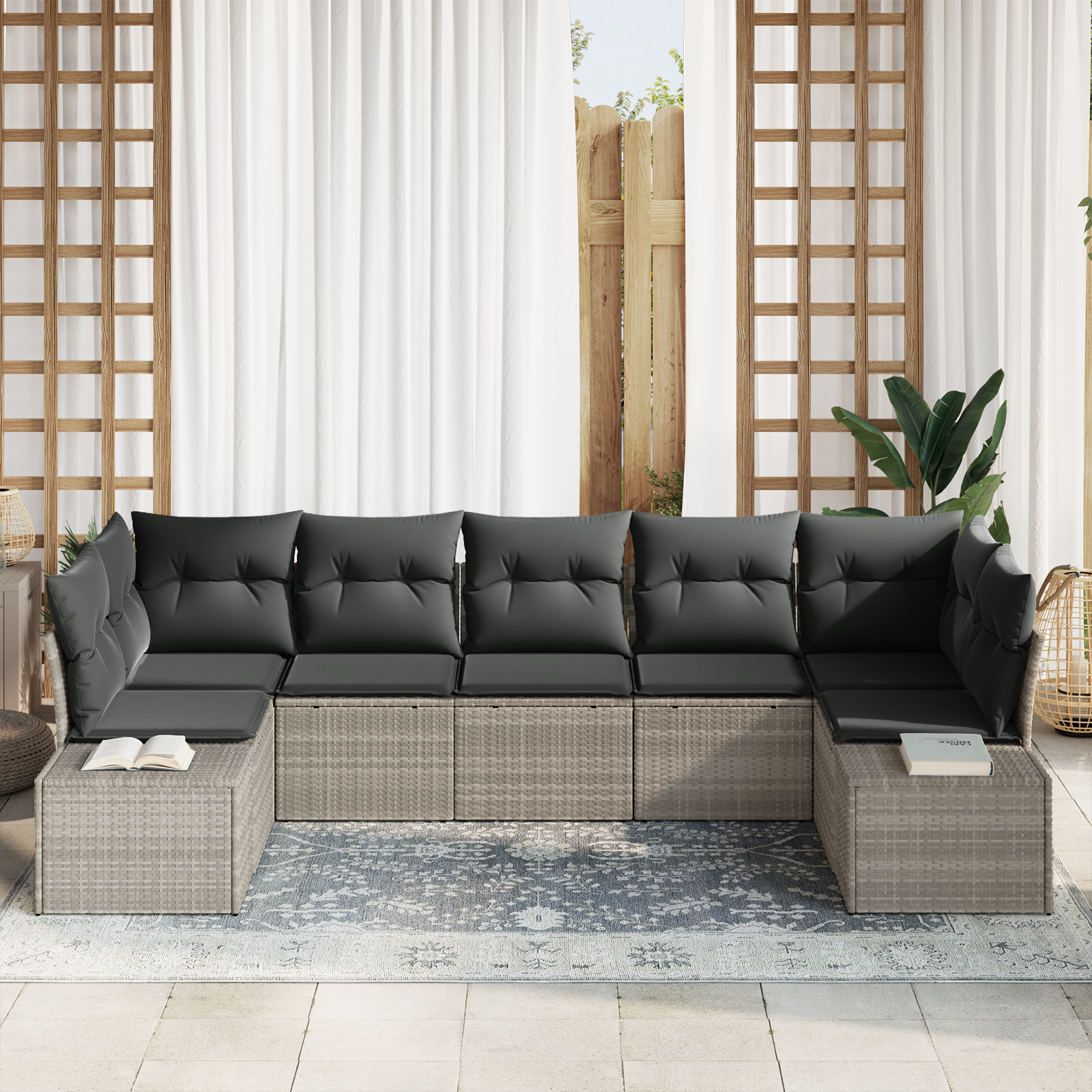 7-teiliges Garten-Sofa-Set mit Kissen in hellgrau Poly-Rattan – Bild 3