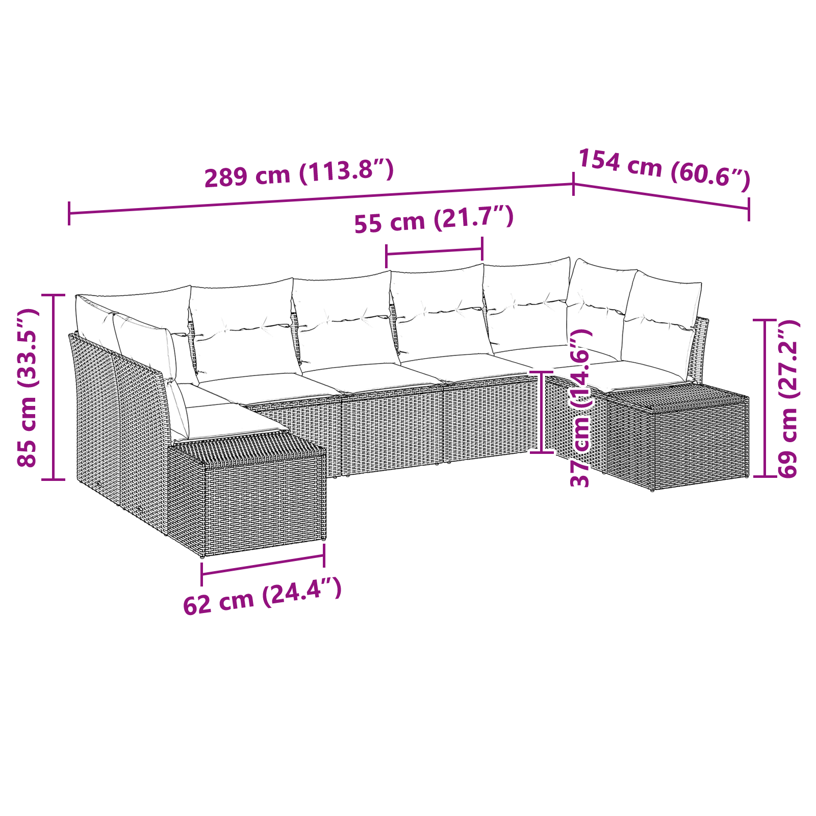 Conjunto de Sofás para Jardim de 7 Peças com Almofadas Cinza-Claro em Poliratan