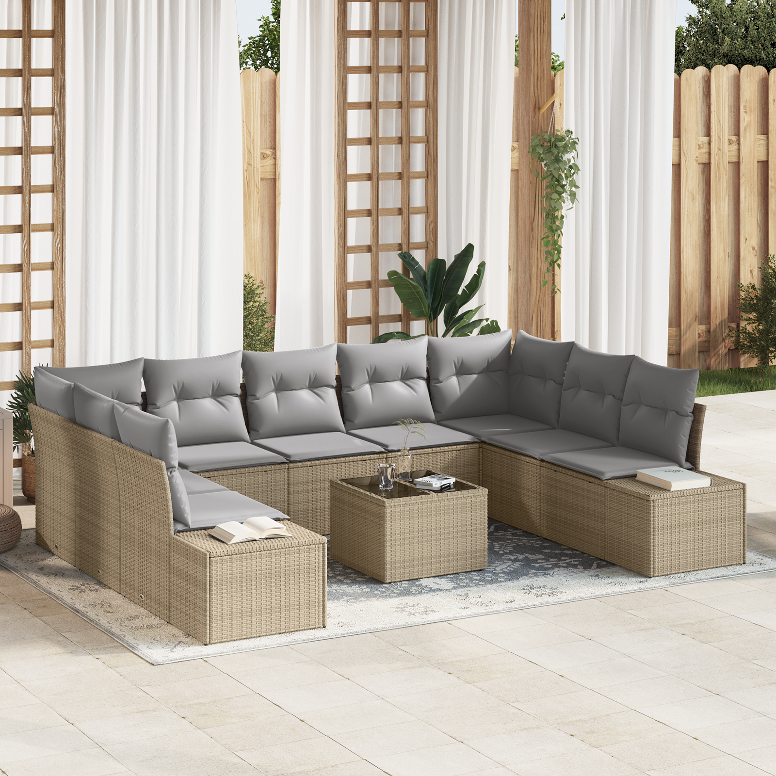10 dalių Sodo Sofa Komplektas su Pagalvėmis Juoda Poli Ratanas