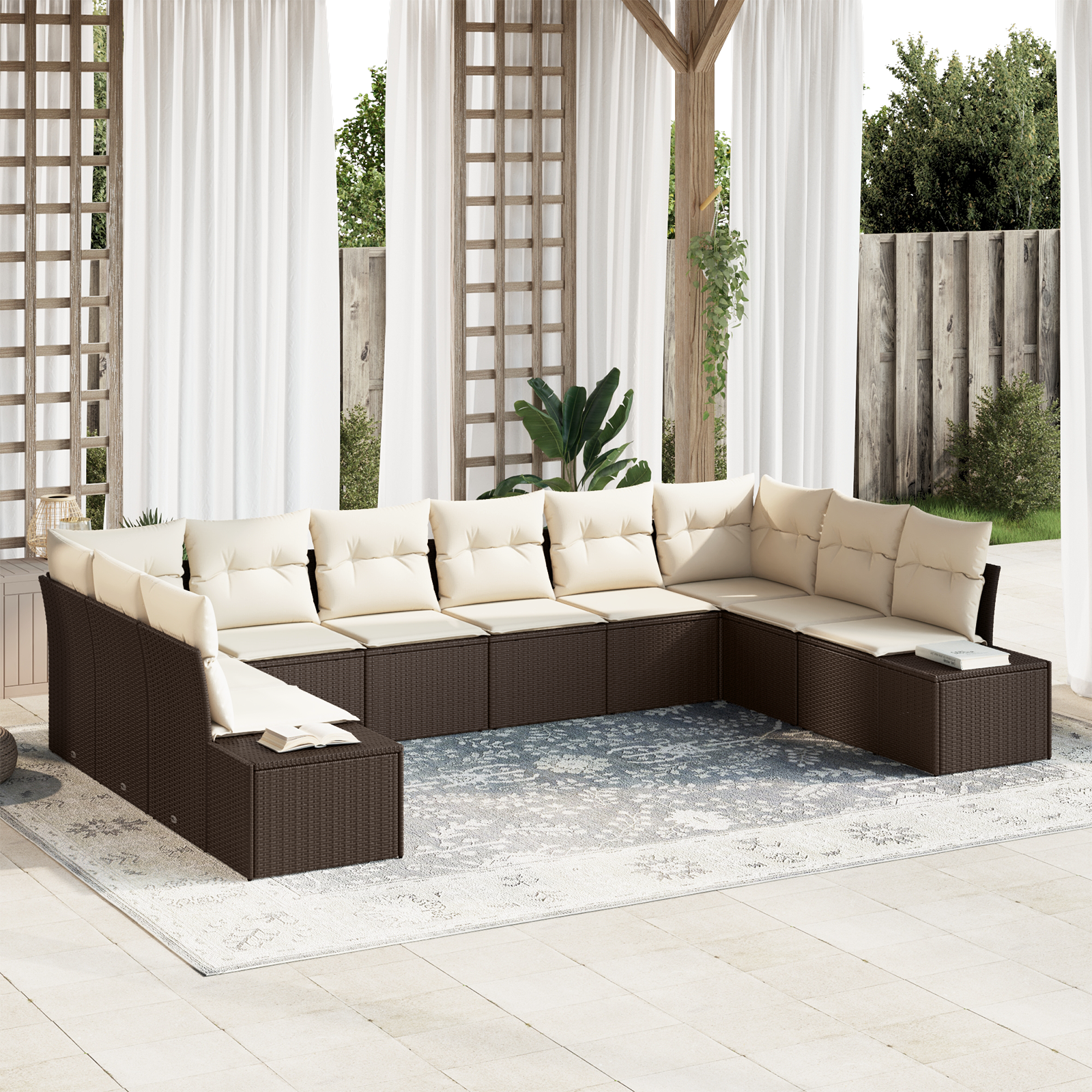 10 Gabalų Sodo Sofa Komplektas su Pagalvėlėmis Ruda Poli Rataninė