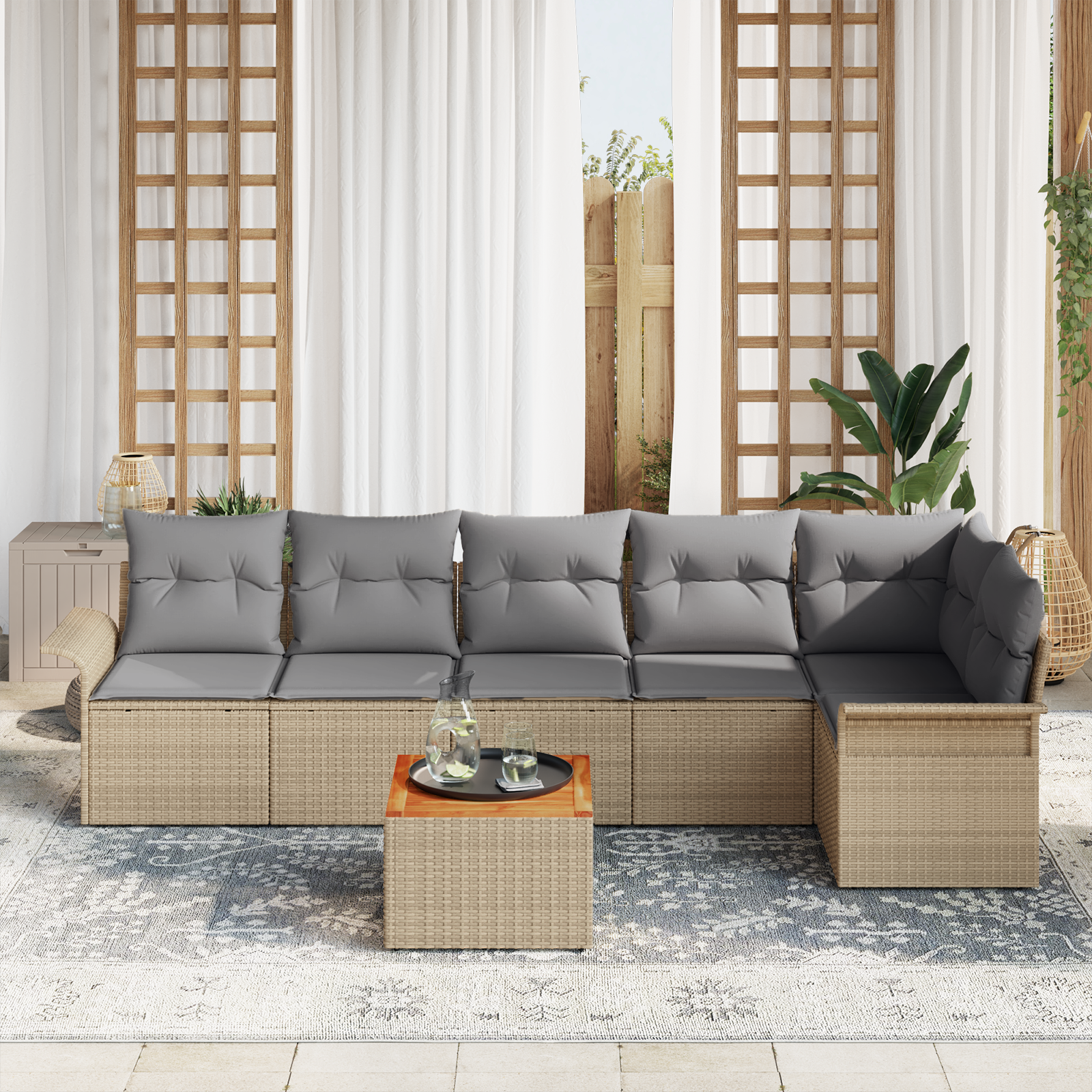 Thumbnail - vidaXL 7-teiliges Garten Sofa Set mit Kissen Beige Poly Rattan Akazie