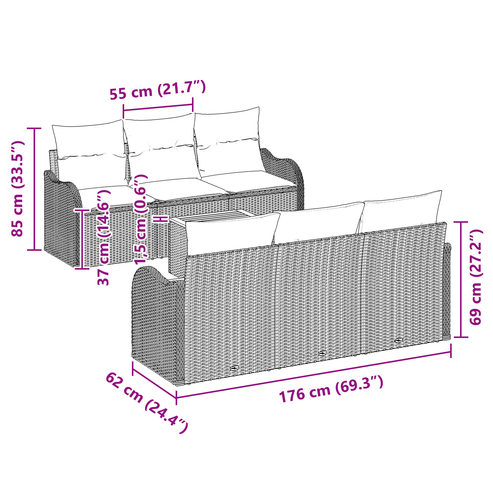 7-частен градински комплект диван с възглавници Сив Полиратан Акация - Image 11