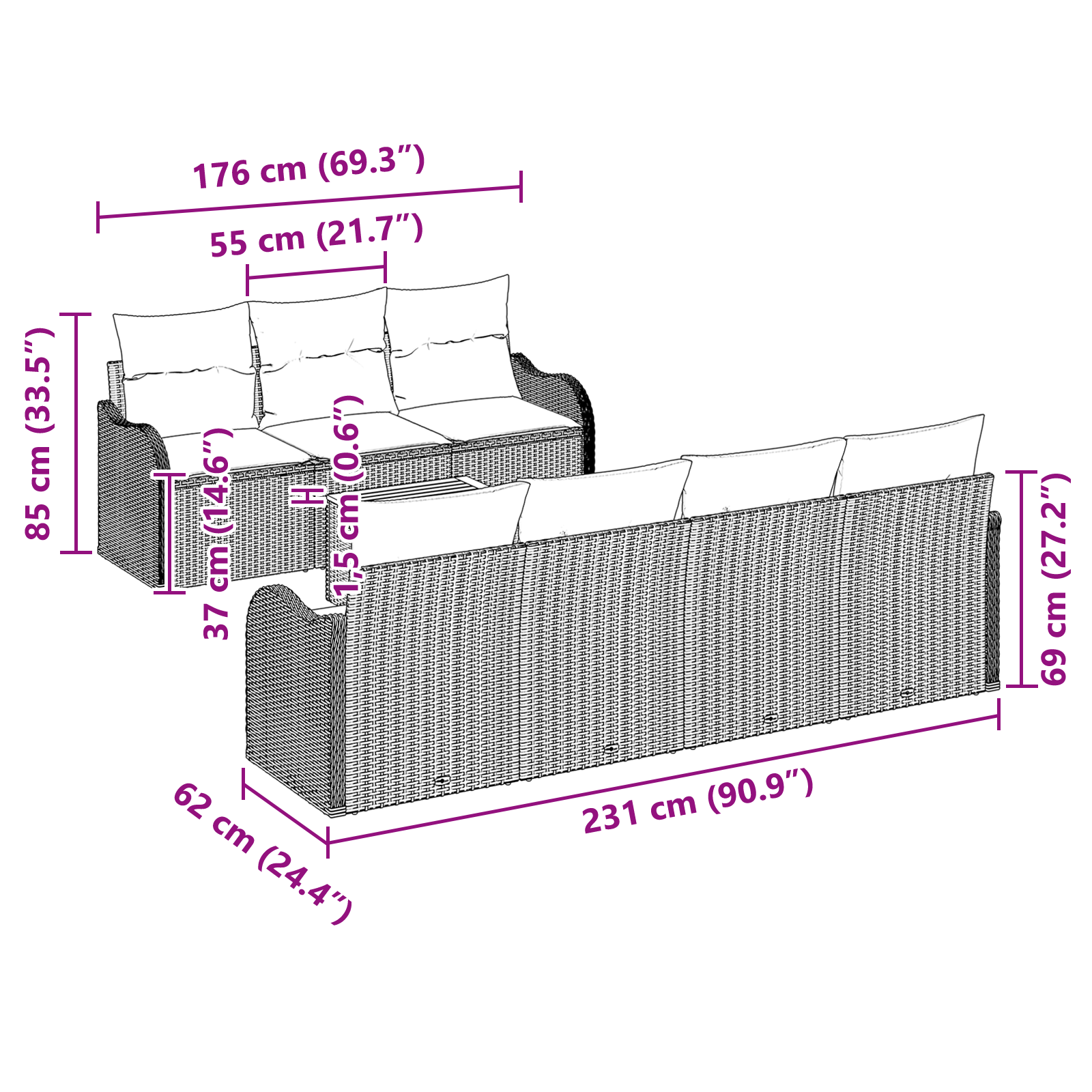 8 Частен Градински Диван Комплект с Възглавници Черен Полирания Ратан, vidaXL 2-местен градински диван с място за съхранение & възглавници Черен полирана ратан - Image 11