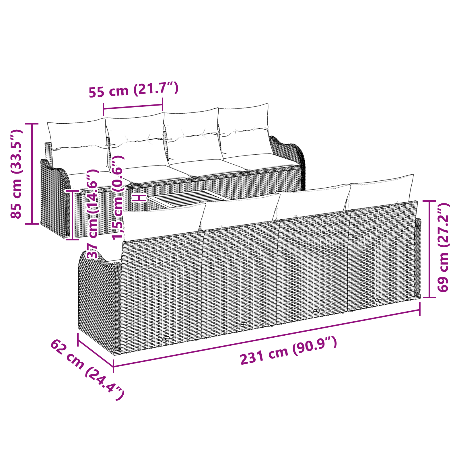 9 частен комплект градински диван с възглавници бежов полиестерен ратан акация - Image 11