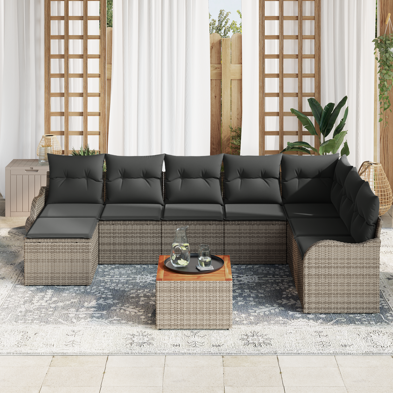 9 Частен Градински Диван Комплект с Възглавници Сиво Полиратан Акация, vidaXL 2-Местен Градински Диван със Съхранение и Възглавници Сиво Полиратан - Image 3