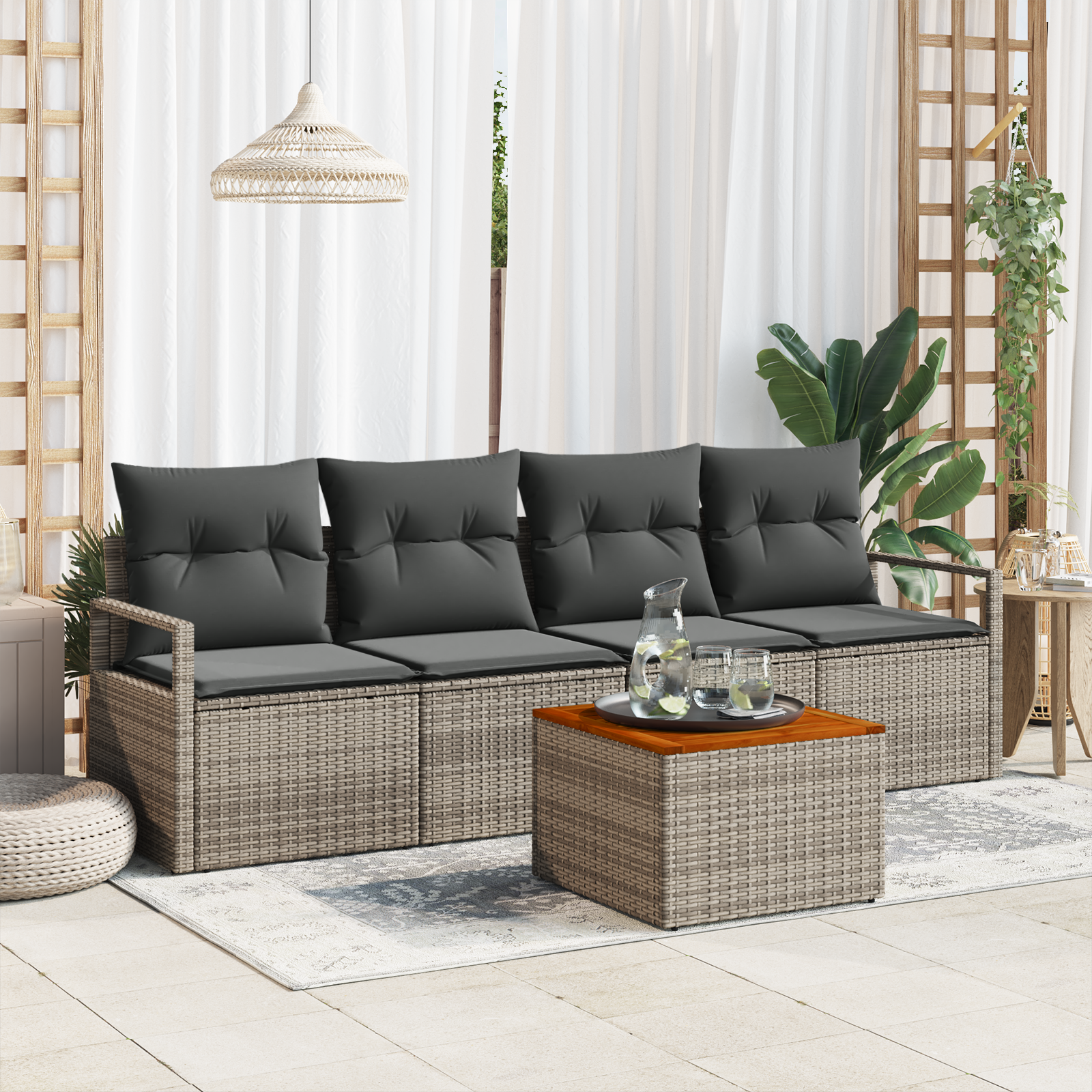 Thumbnail - vidaXL 5-teiliges Garten-Sofa-Set mit Kissen Grau Poly-Rattan Akazie