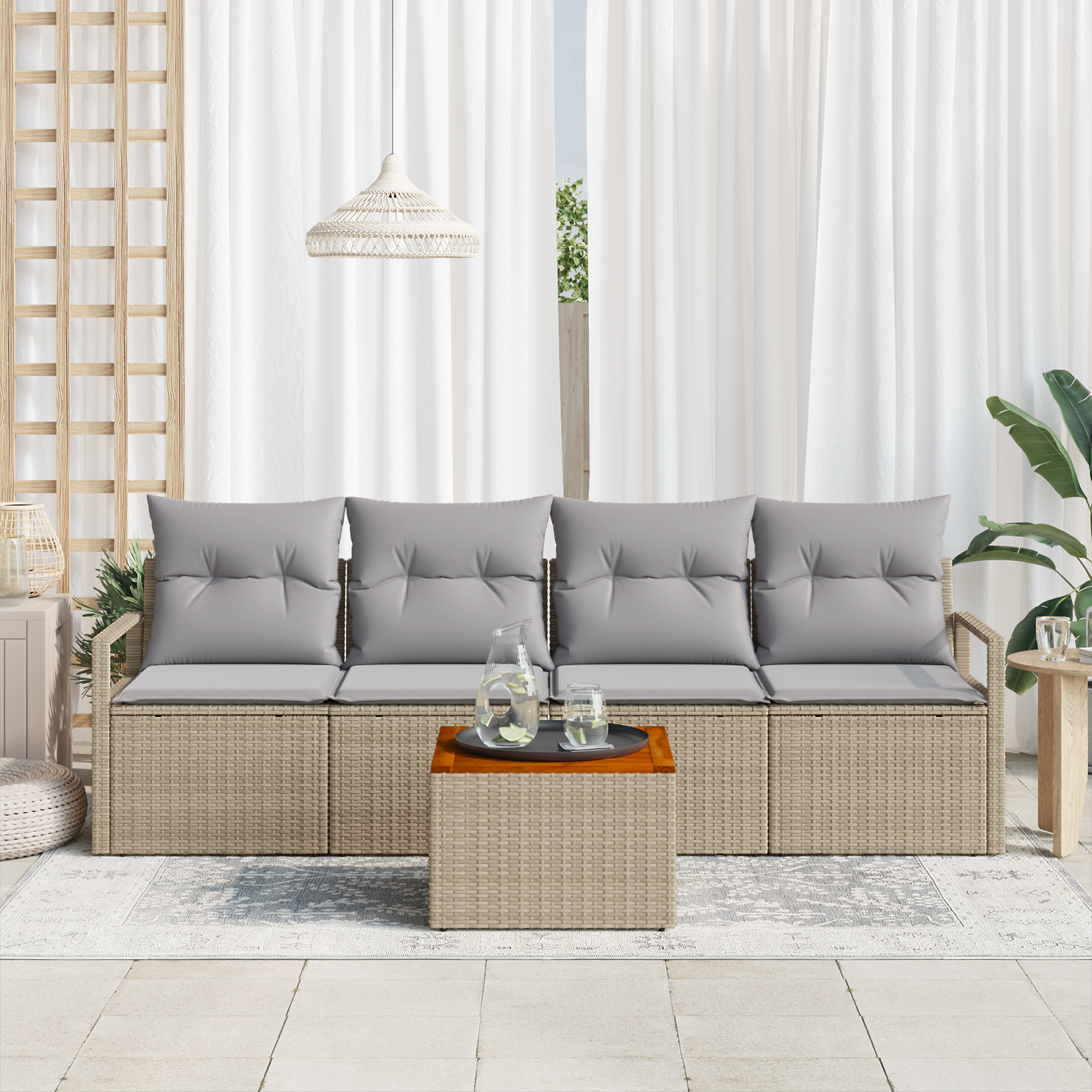 5 Частен Градински Диван Сет с Възглавници Бежов Полиратан Акация - Image 3