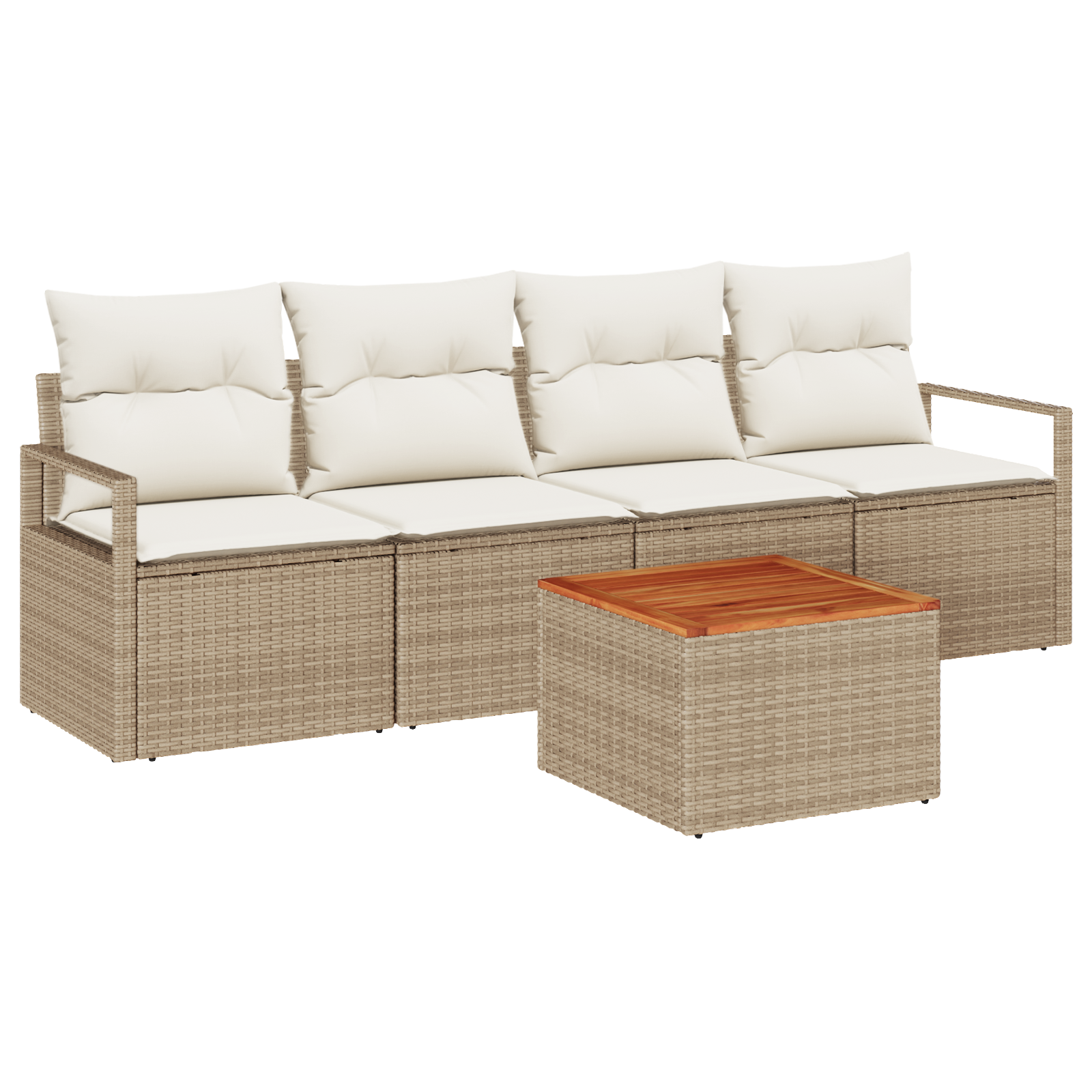 5 Piece Garden Sofa Set with Cushions Beige Poly Rattan Acacia - Image 2